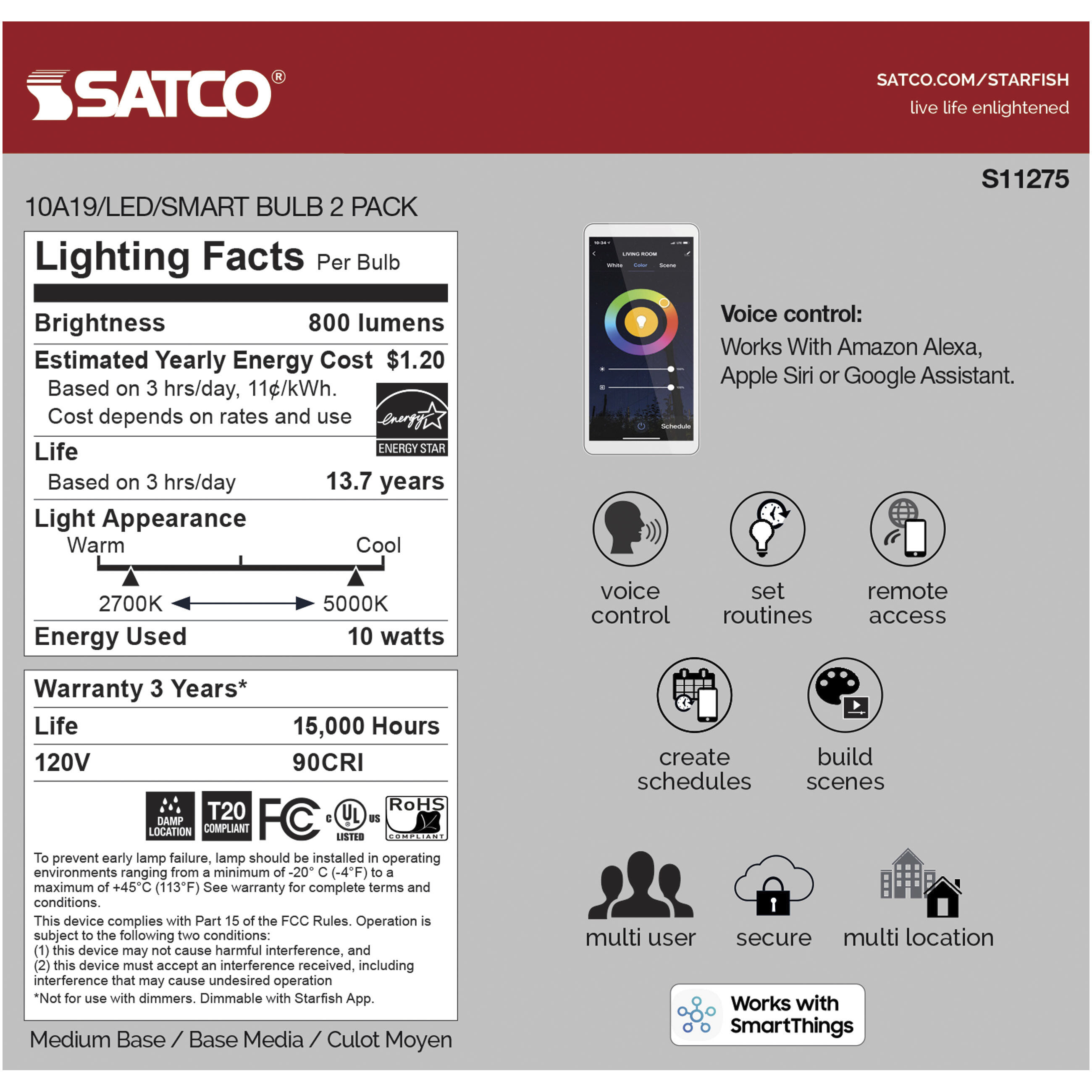 Starfish LED A19 Medium 10.00 watt 2700K-5000K Light Bulb