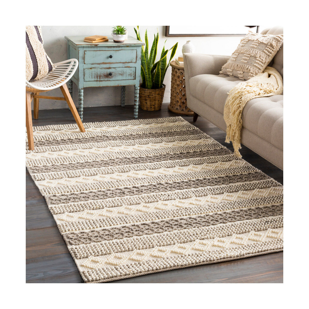 Farmhouse Neutrals 108 X 72 inch Cream/Oatmeal/Charcoal/Beige Handmade Rug in 6 x 9, Rectangle
