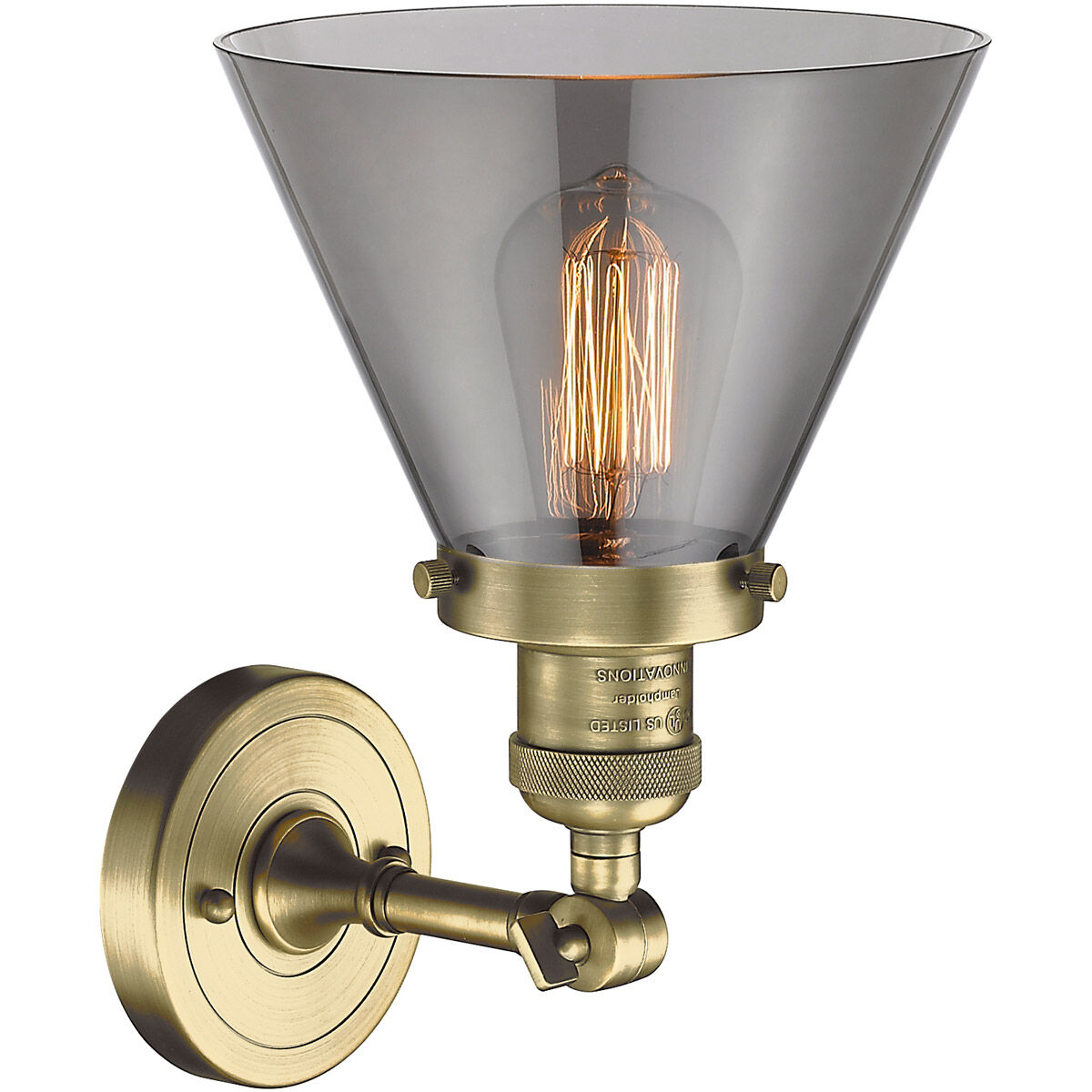 Franklin Restoration Large Cone 1 Light 8 inch Antique Brass Sconce Wall Light in Incandescent, Plated Smoke Glass, Franklin Restoration