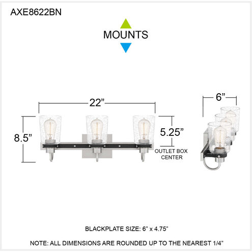 Axel 3 Light 22 inch Brushed Nickel Bath Light Wall Light, Large
