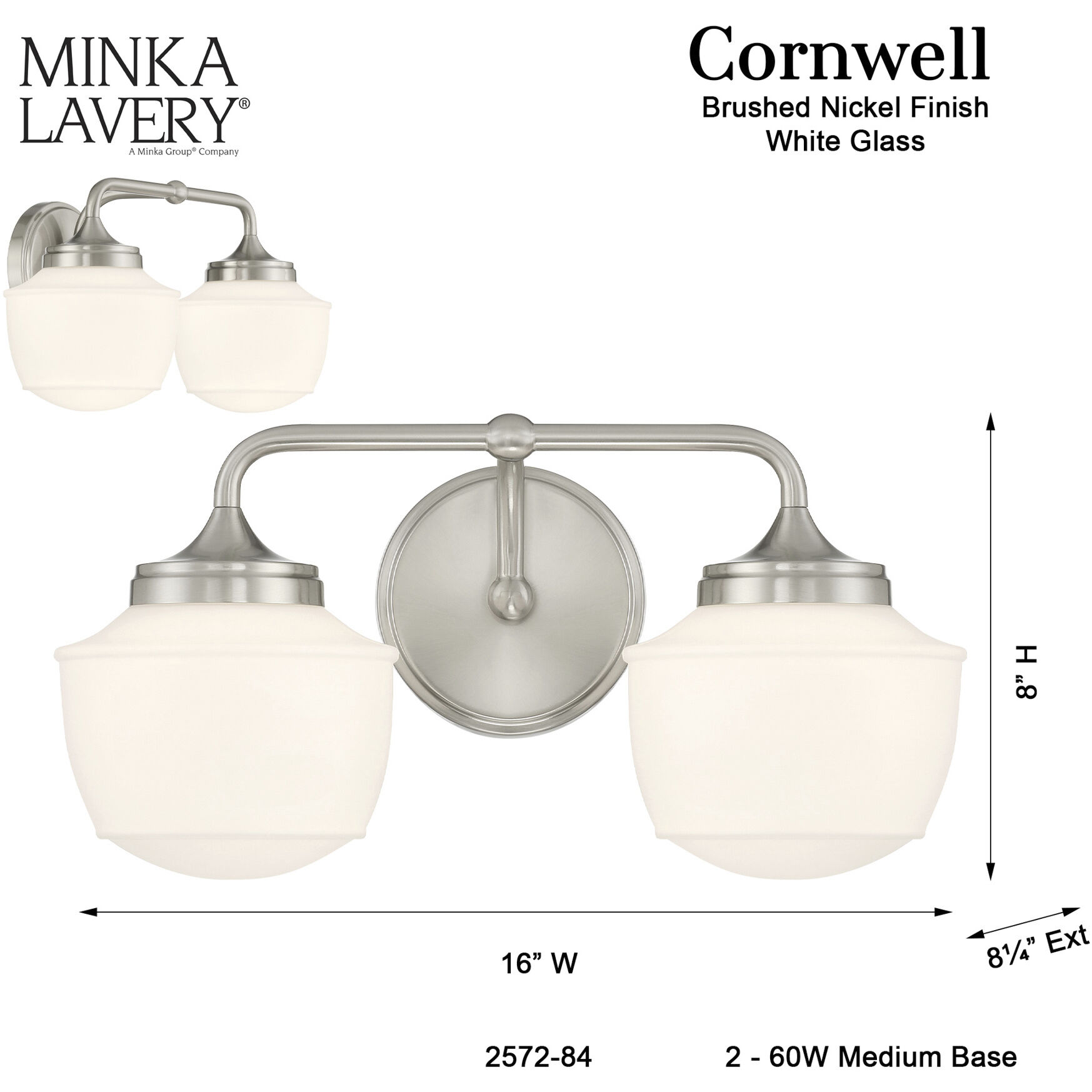 Cornwell 2 Light 16 inch Brushed Nickel Bath Vanity Wall Light