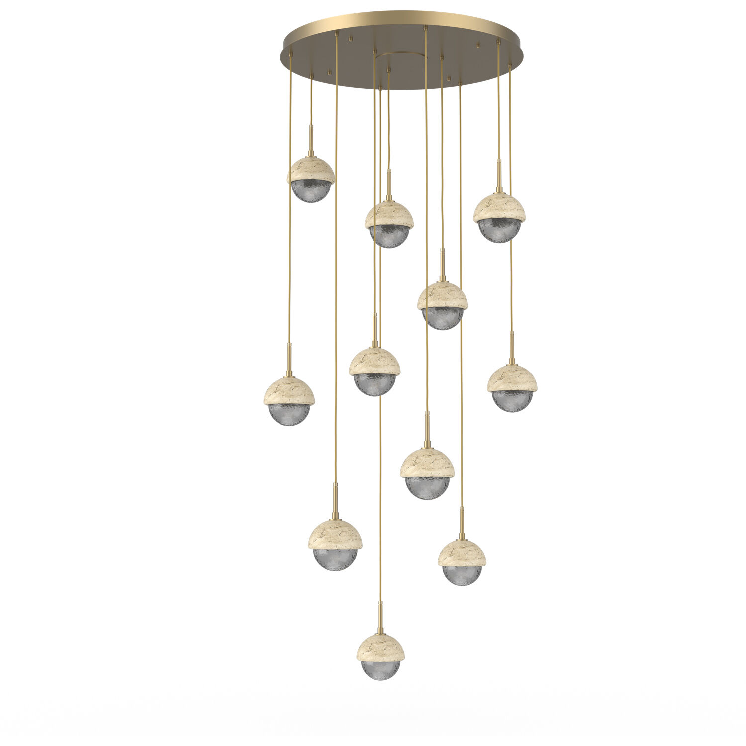 Cabochon LED Gilded Brass with Travertine Stone Pendant Chandelier Ceiling Light in 3000K LED, Smoke