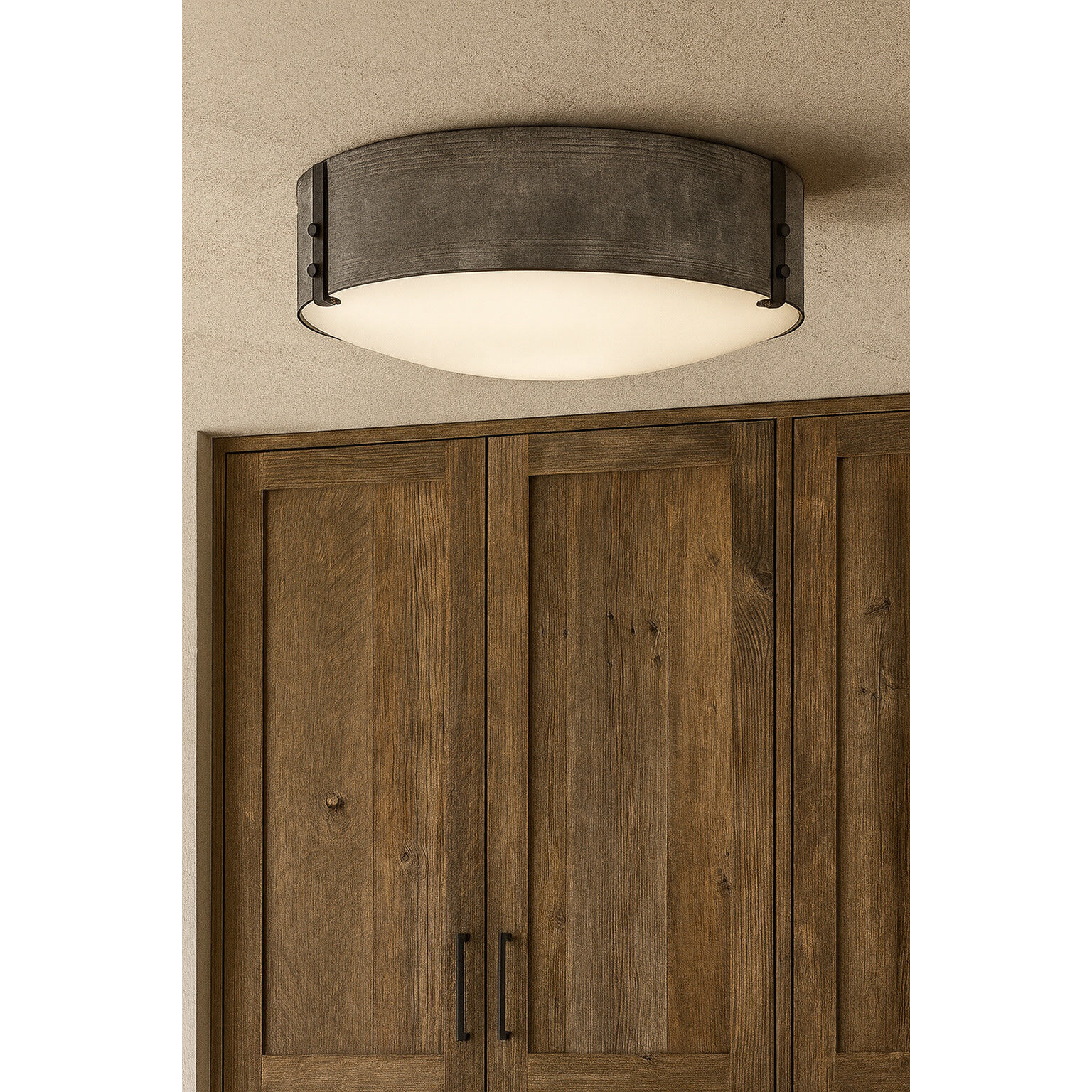 Open Air Sawyer LED 15 inch Aged Zinc with Distressed Black Outdoor Flush Mount