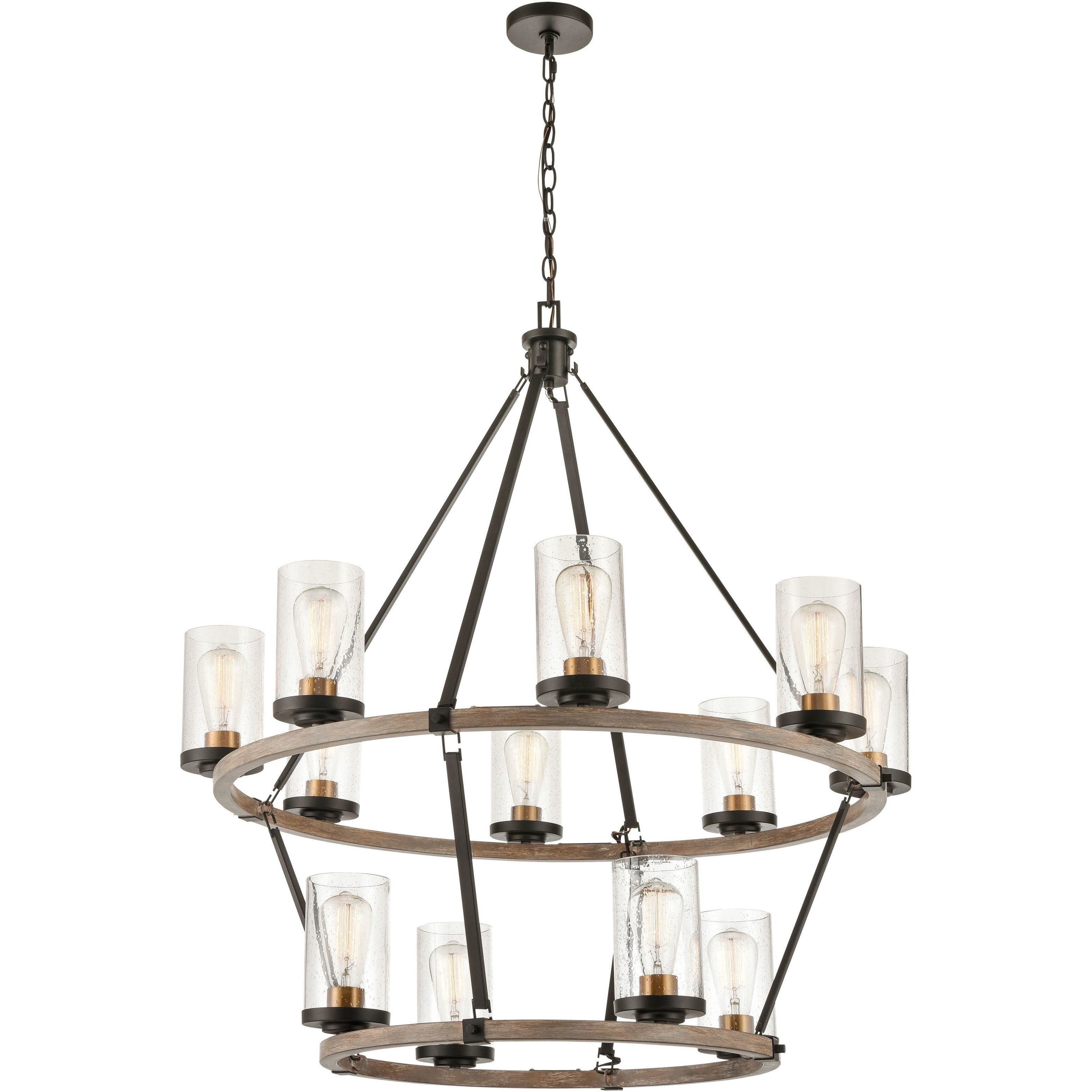 Geringer 12 Light 36 inch Charcoal with Beechwood and Burnished Brass Chandelier Ceiling Light