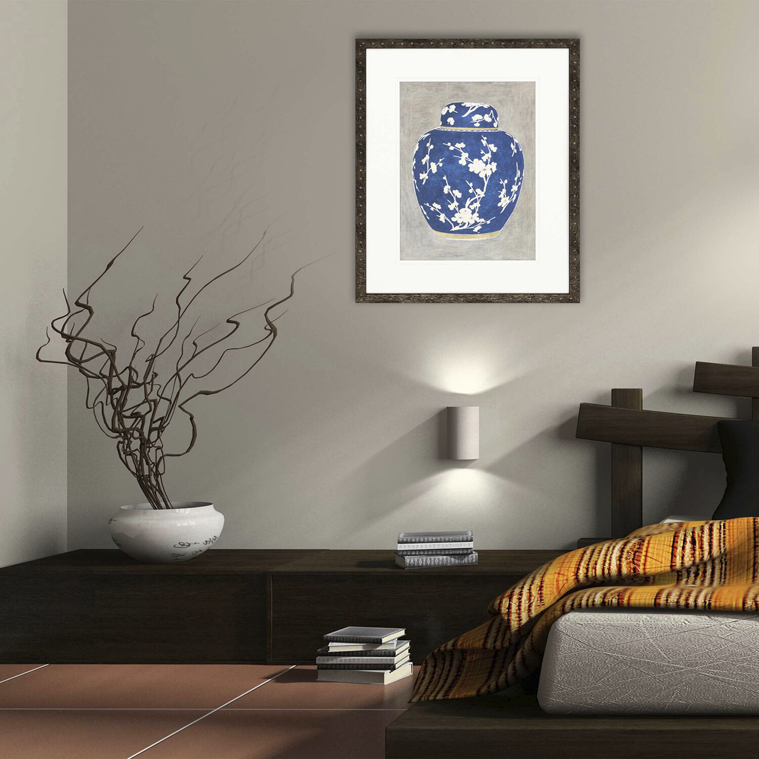 Ginger Jar Blue and White and Metallic and Gray Framed Art, The Studio