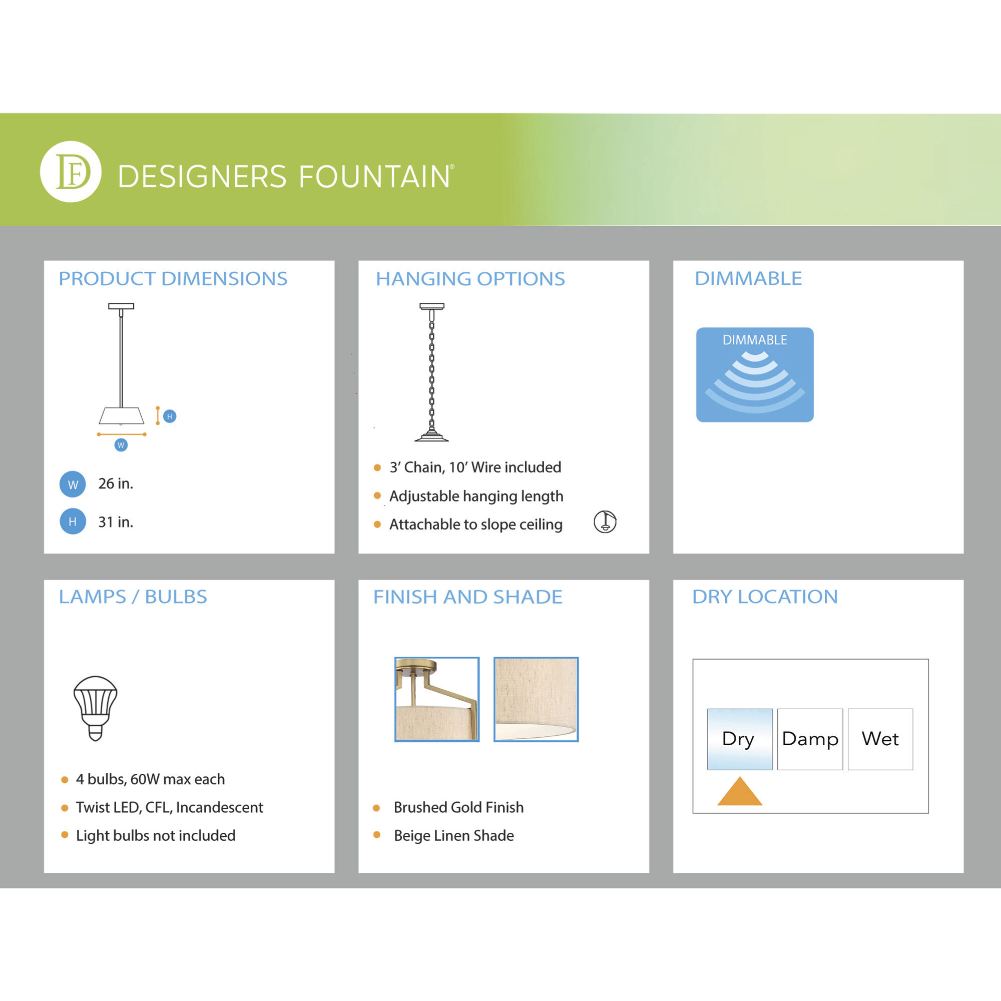 Elara 4 Light 26 inch Brushed Gold Down Pendant Ceiling Light