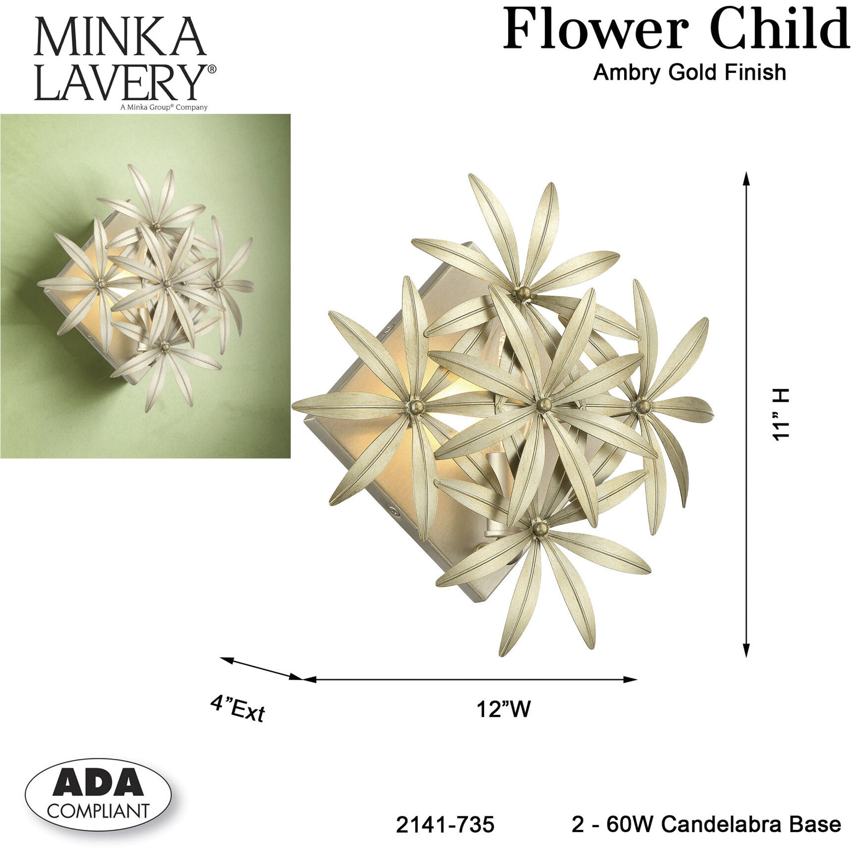 Flower Child 1 Light 12 inch Ambry Gold Wall Sconce Wall Light