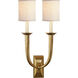 French Deco Horn 2 Light 12.25 inch Hand-Rubbed Antique Brass Double Sconce Wall Light in Linen 1