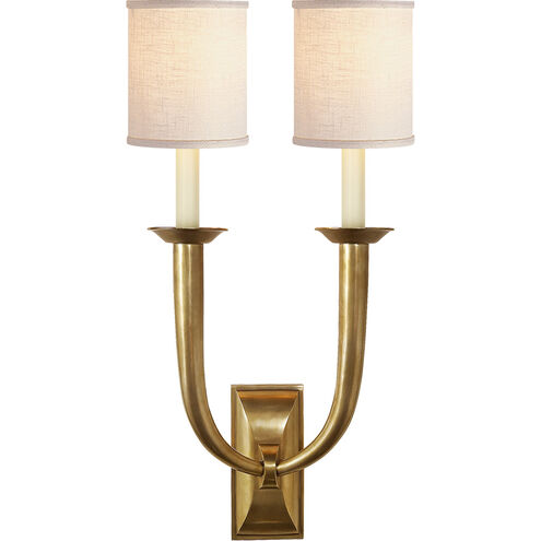 French Deco Horn 2 Light 12.25 inch Hand-Rubbed Antique Brass Double Sconce Wall Light in Linen 1