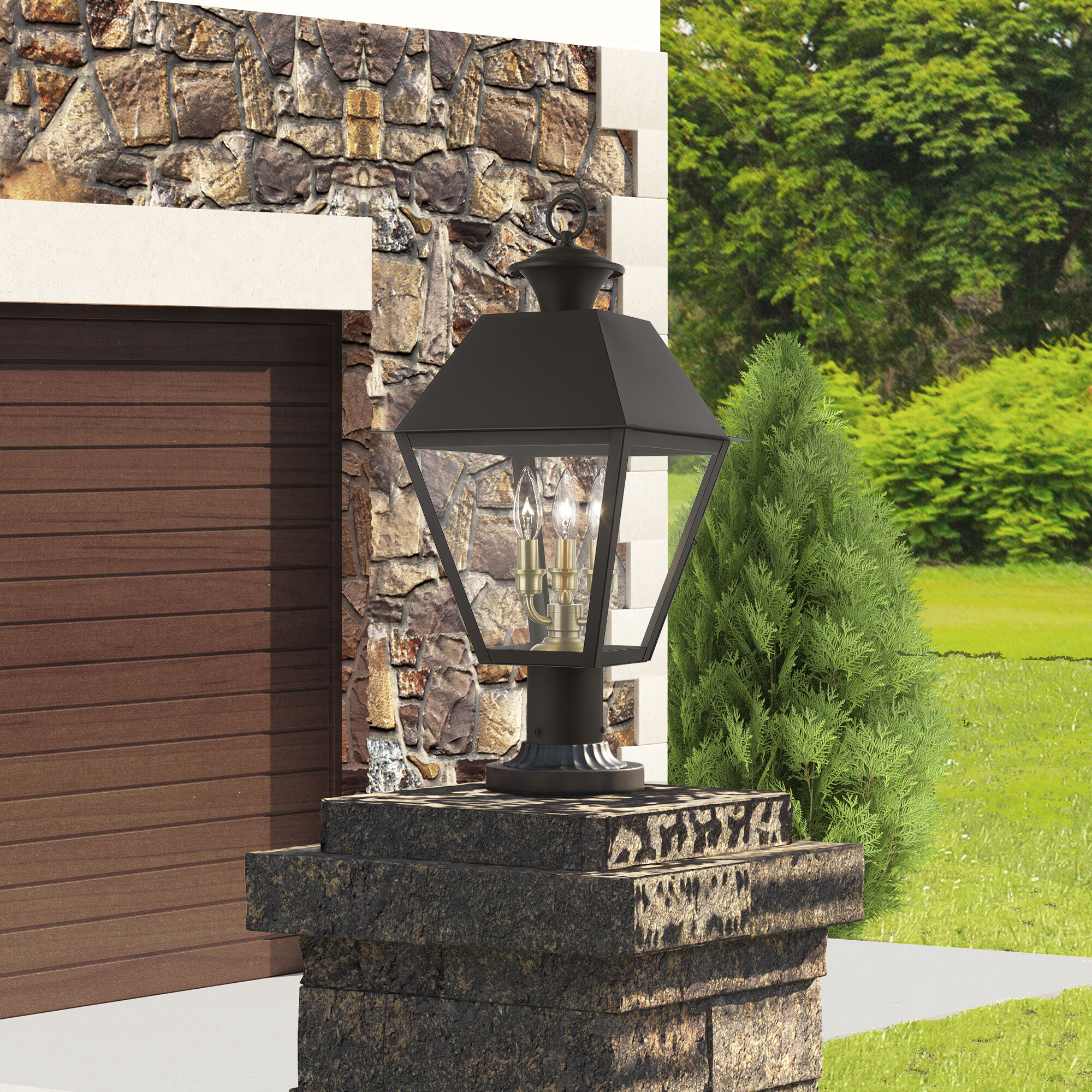 Wentworth 3 Light 22 inch Bronze with Antique Brass Finish Cluster Outdoor Post Top Lantern, Large