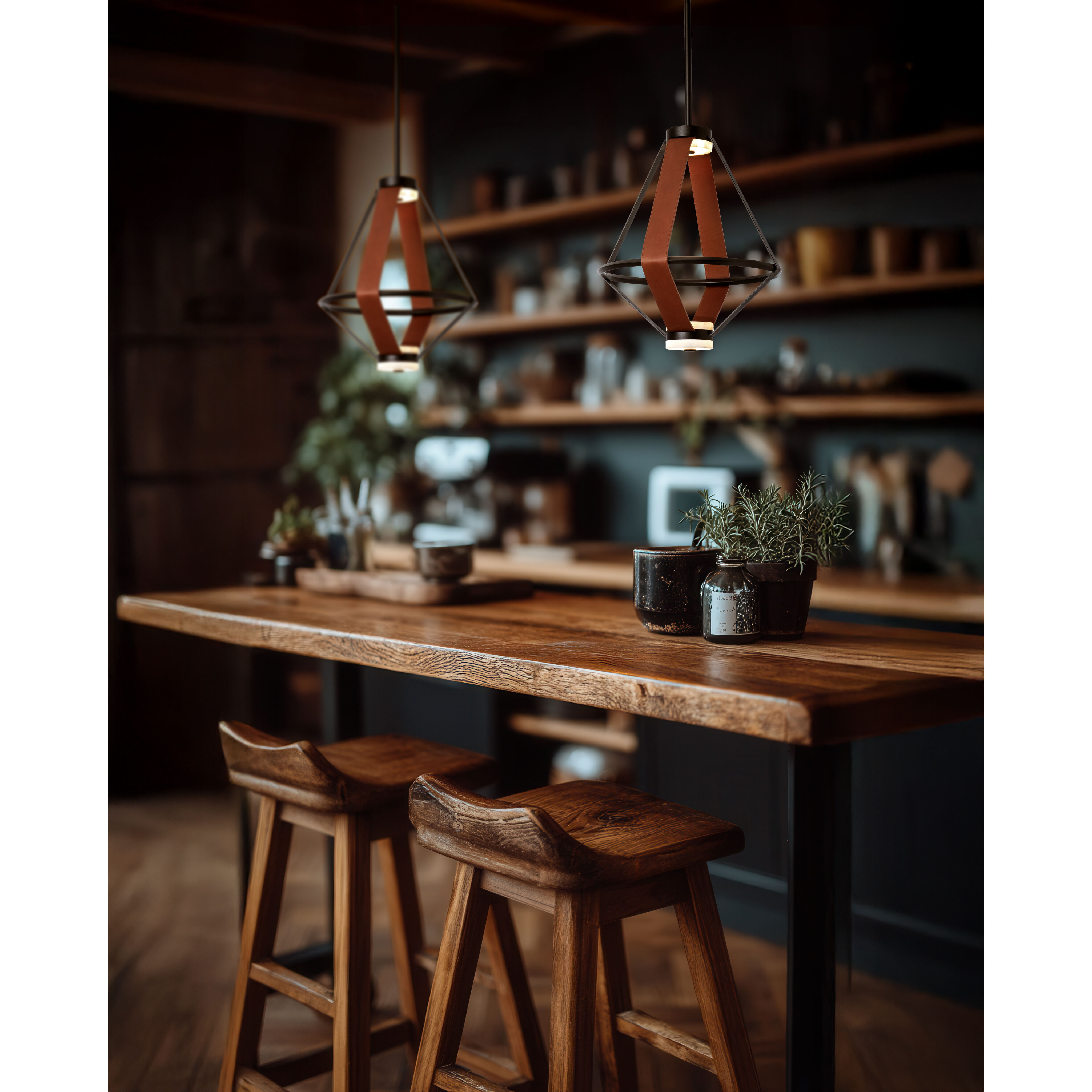 Art & Alchemy Aspen LED 16.6 inch Black Pendant Ceiling Light in Chestnut Leather with Alabaster