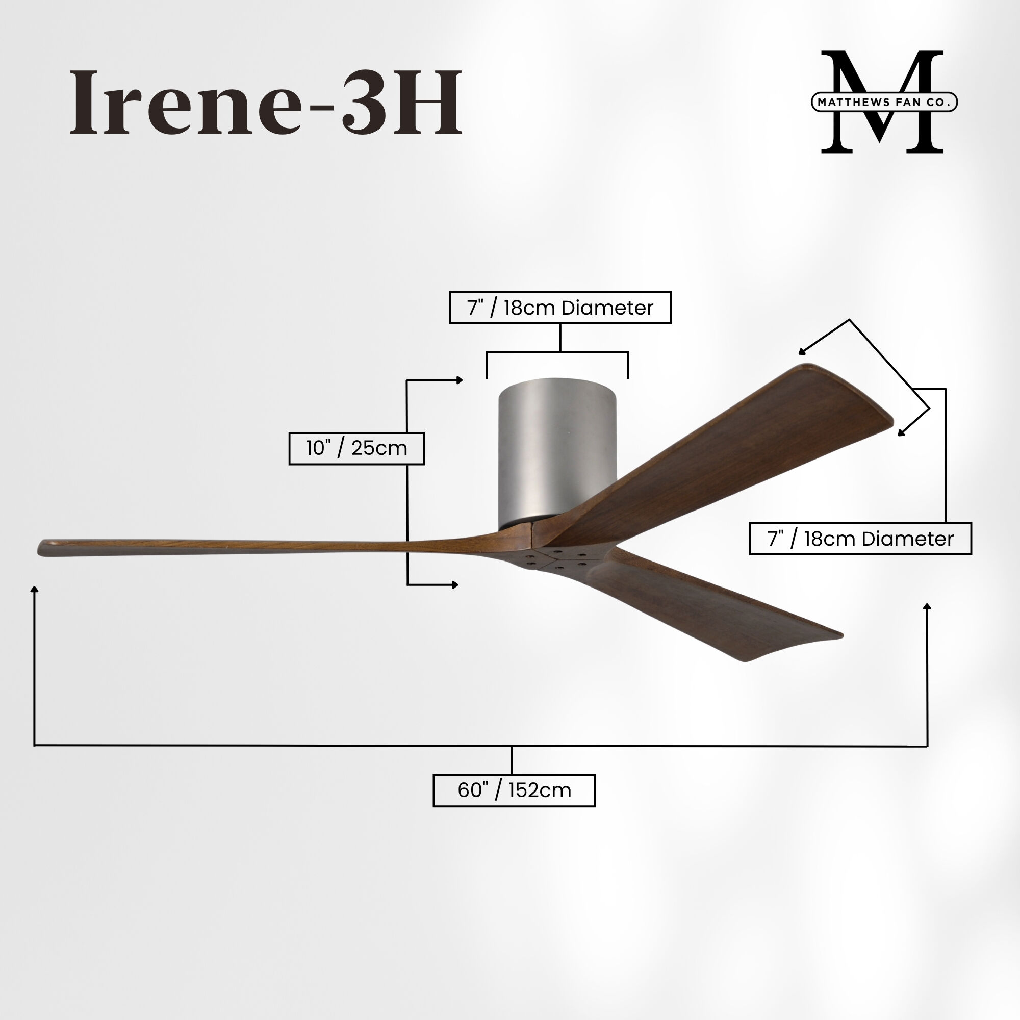 Atlas Irene-3H 60 inch Brushed Nickel with Walnut Tone Blades Flush Mount Paddle Fan, Flush Mounted