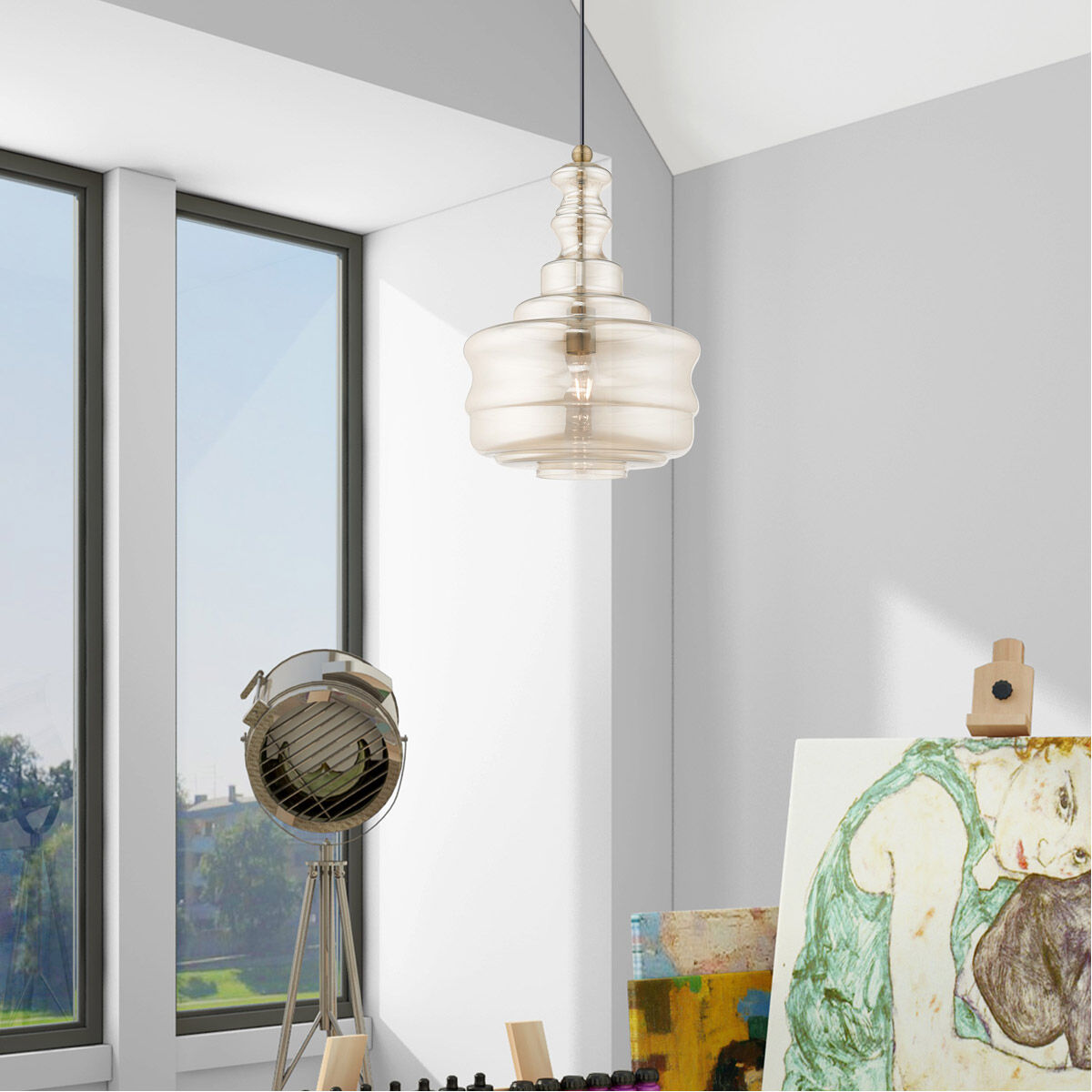 Art Glass 1 Light 13 inch Antique Brass Mini Pendant Ceiling Light