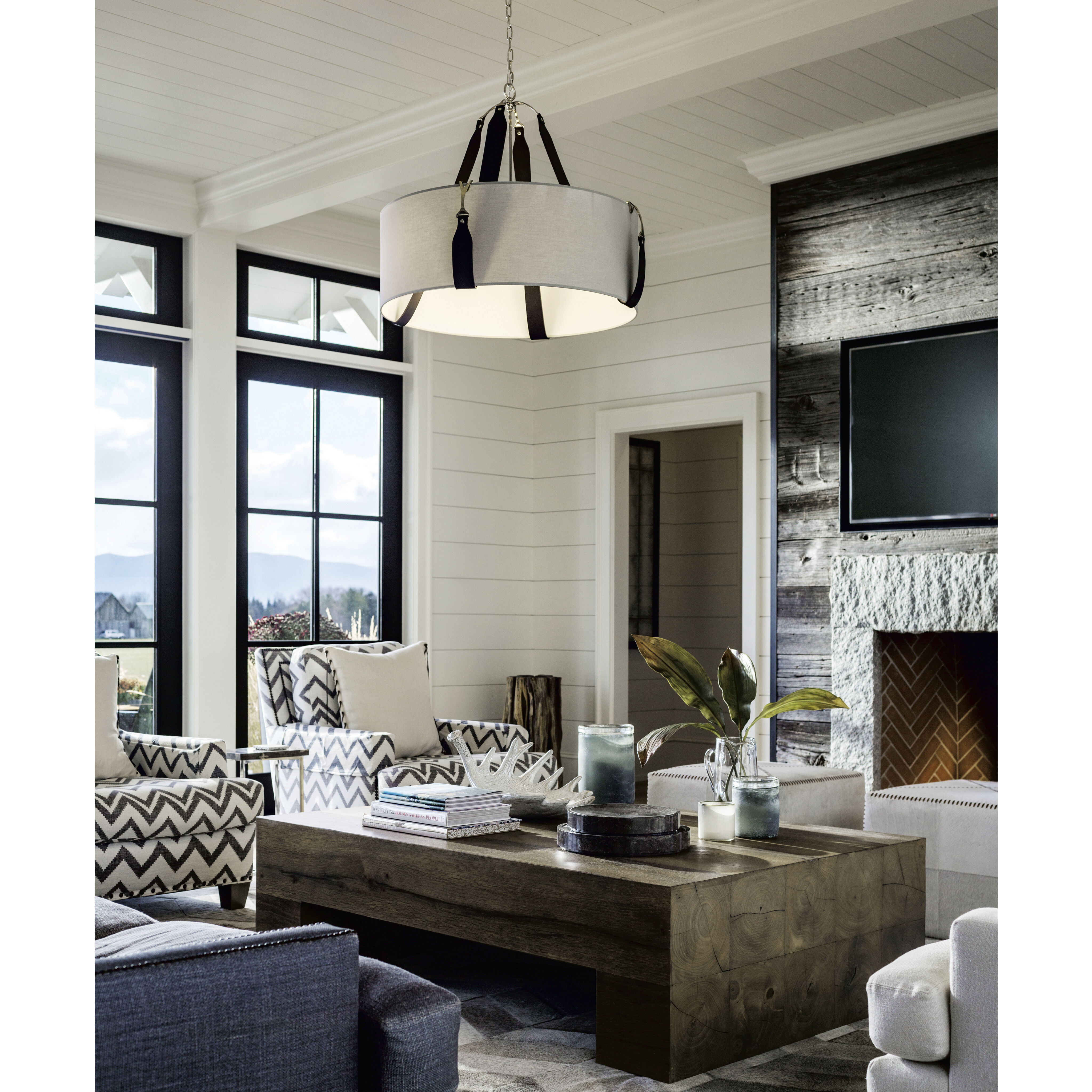 Saratoga 4 Light 31.9 inch Antique Brass Pendant Ceiling Light in Leather Chestnut, Flax, Large