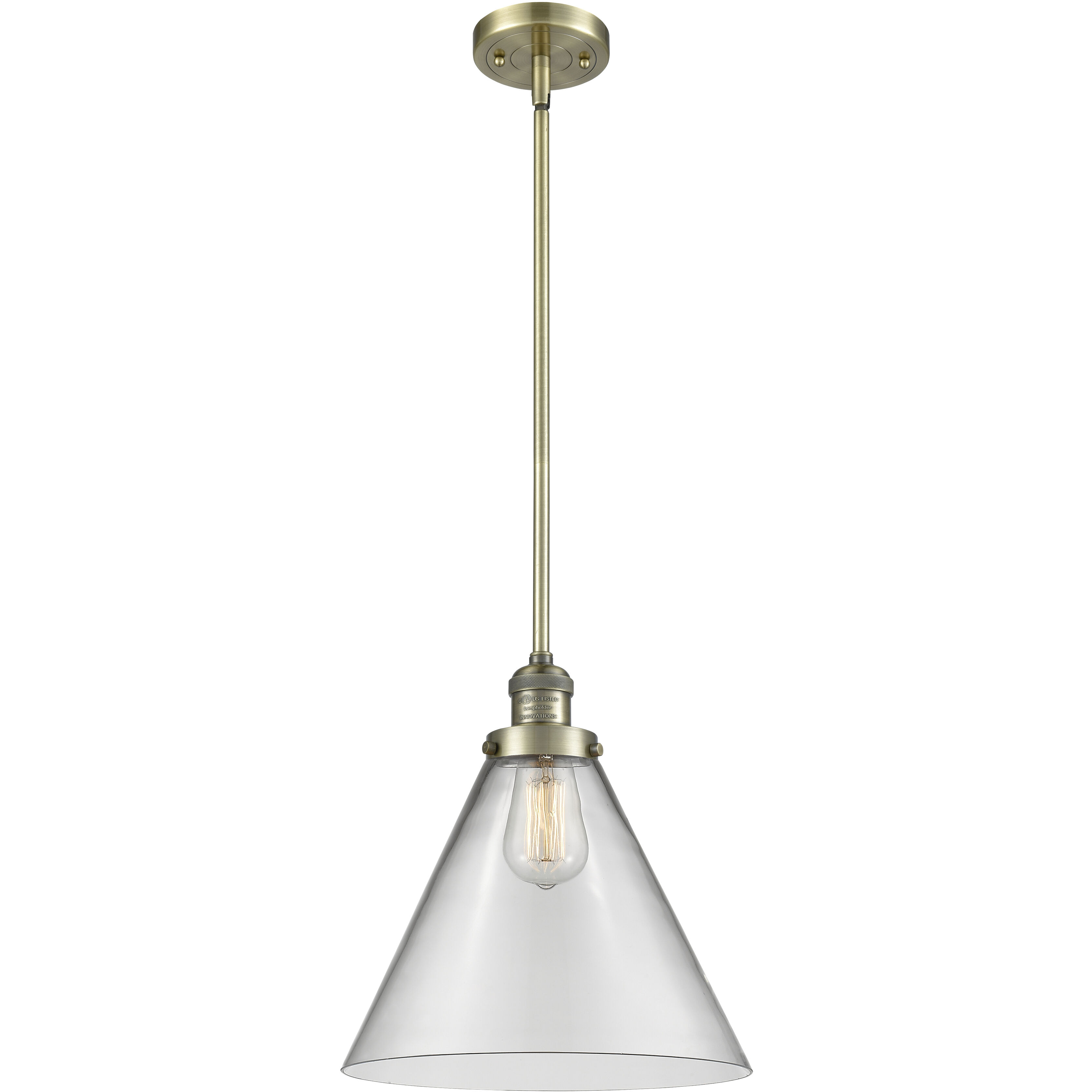 Franklin Restoration Cone LED 12 inch Antique Brass Mini Pendant Ceiling Light in Clear, Franklin Restoration