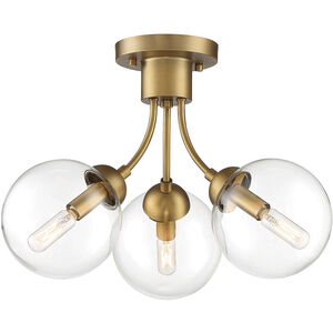 Mid-Century Modern 3 Light 16 inch Natural Brass Semi-Flush Ceiling Light