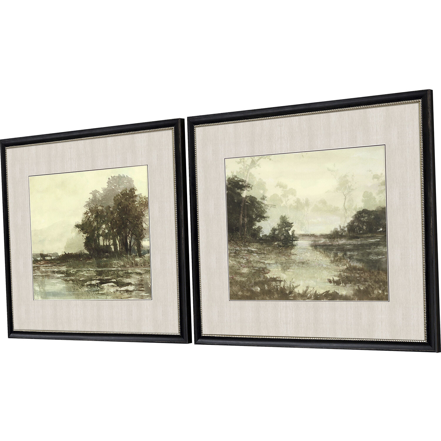 Sunset Pond Green and Beige and Brown Framed Art