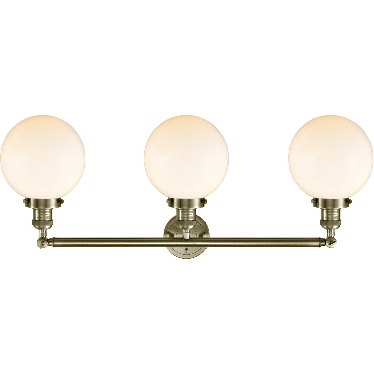 Franklin Restoration Large Beacon 3 Light 32 inch Antique Brass Bath Vanity Light Wall Light in Cased Matte White Glass, Franklin Restoration