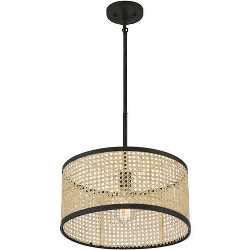 Mid-Century Modern 1 Light 16 inch Natural Cane with Matte Black Pendant Ceiling Light