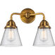 Nouveau 2 Small Cone LED 14.25 inch Brushed Brass Bath Vanity Light Wall Light in Seedy Glass