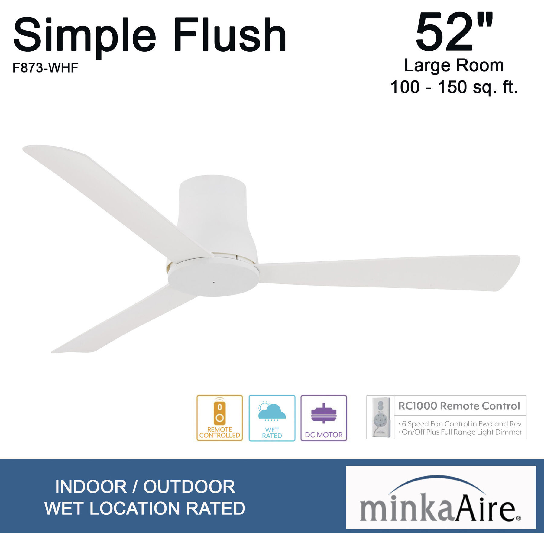 Simple Flush 52 inch Flat White Outdoor Hugger Fan