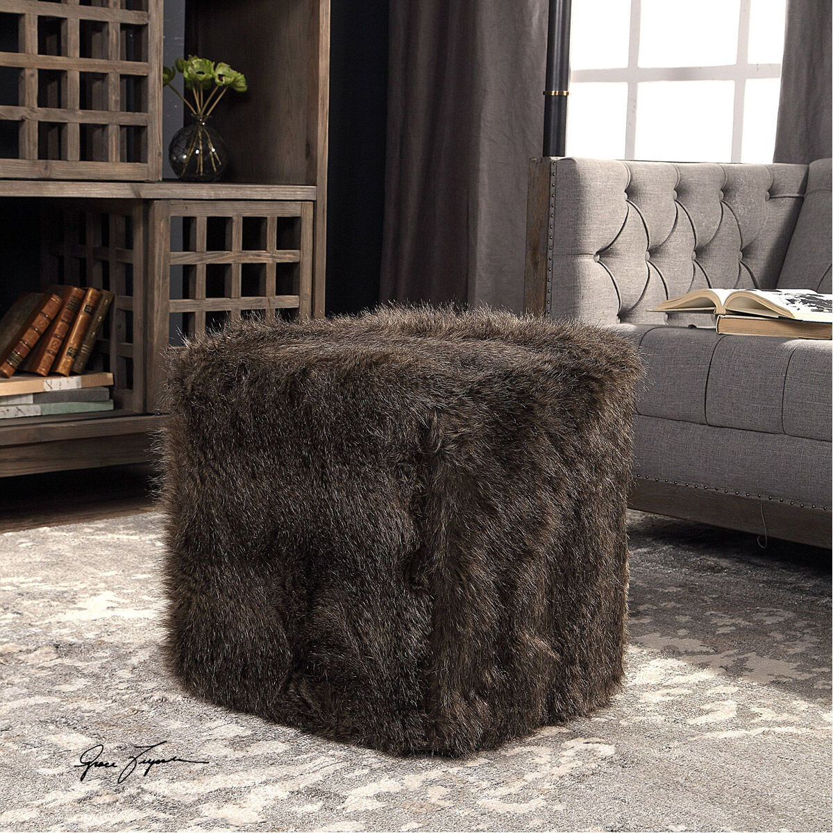 Jayna 17 inch Charcoal Brown Tones Ottoman
