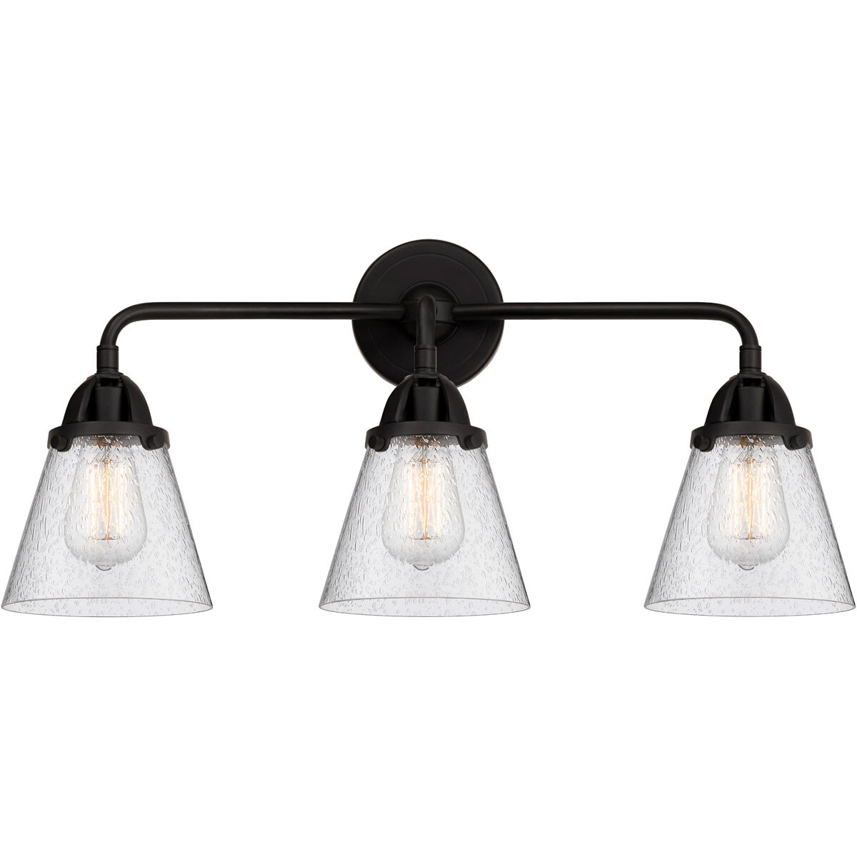 Nouveau 2 Small Cone 3 Light 24 inch Matte Black Bath Vanity Light Wall Light in Seedy Glass