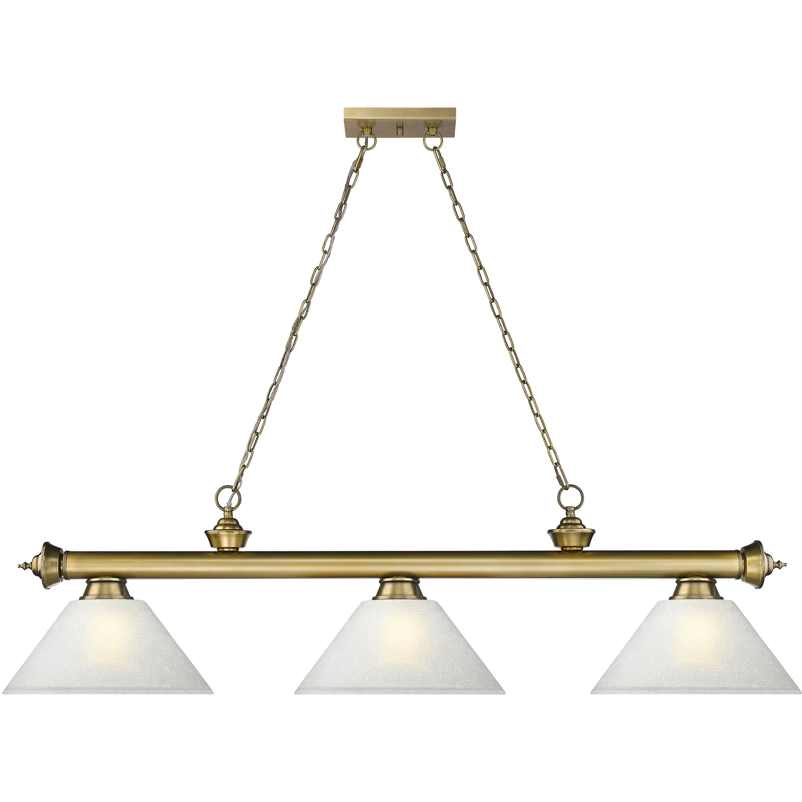 Cordon 3 Light 57.25 inch Rubbed Brass Billiard Ceiling Light in White Linen Glass