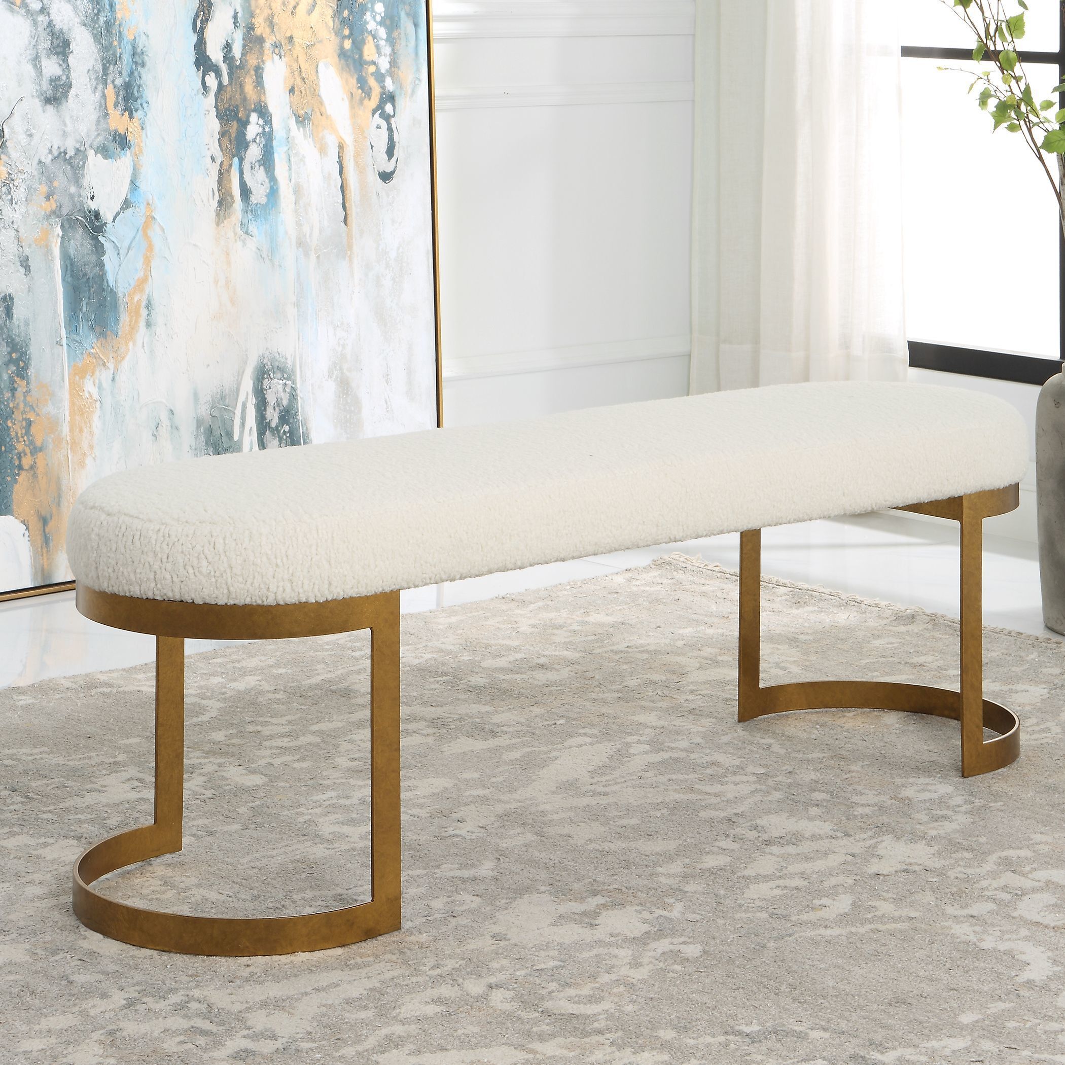 Infinity Antique Gold Leaf and Natural Faux Shearling Bench