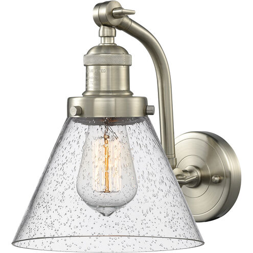Franklin Restoration Large Cone LED 8 inch Brushed Satin Nickel Sconce Wall Light in Seedy Glass, Franklin Restoration