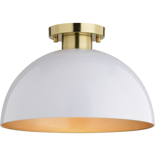 Devon LED 12.75 inch Glossy White and Satin Brass Semi-Flush Mount Ceiling Light