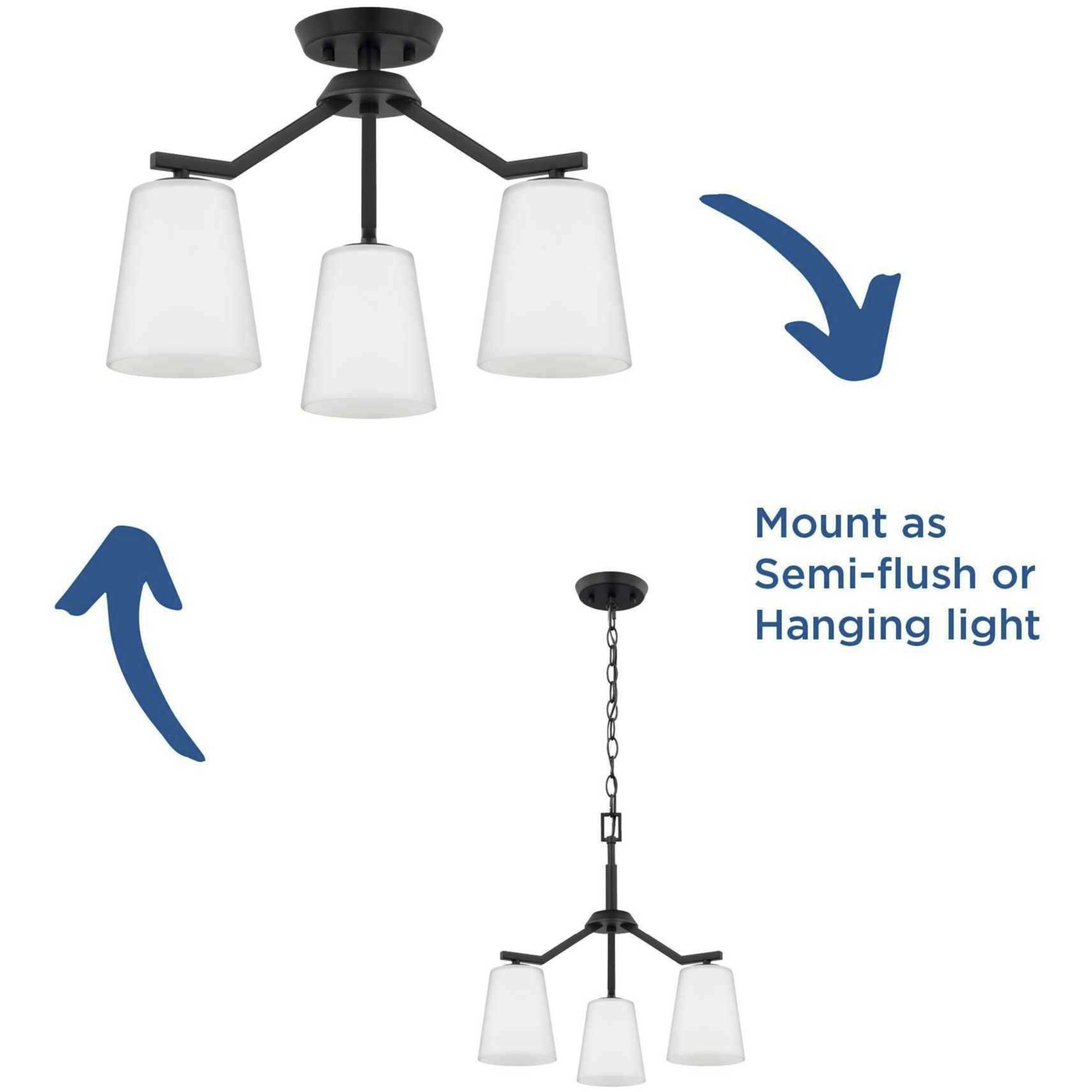 Vertex 3 Light 18 inch Matte Black Convertible Chandelier Ceiling Light