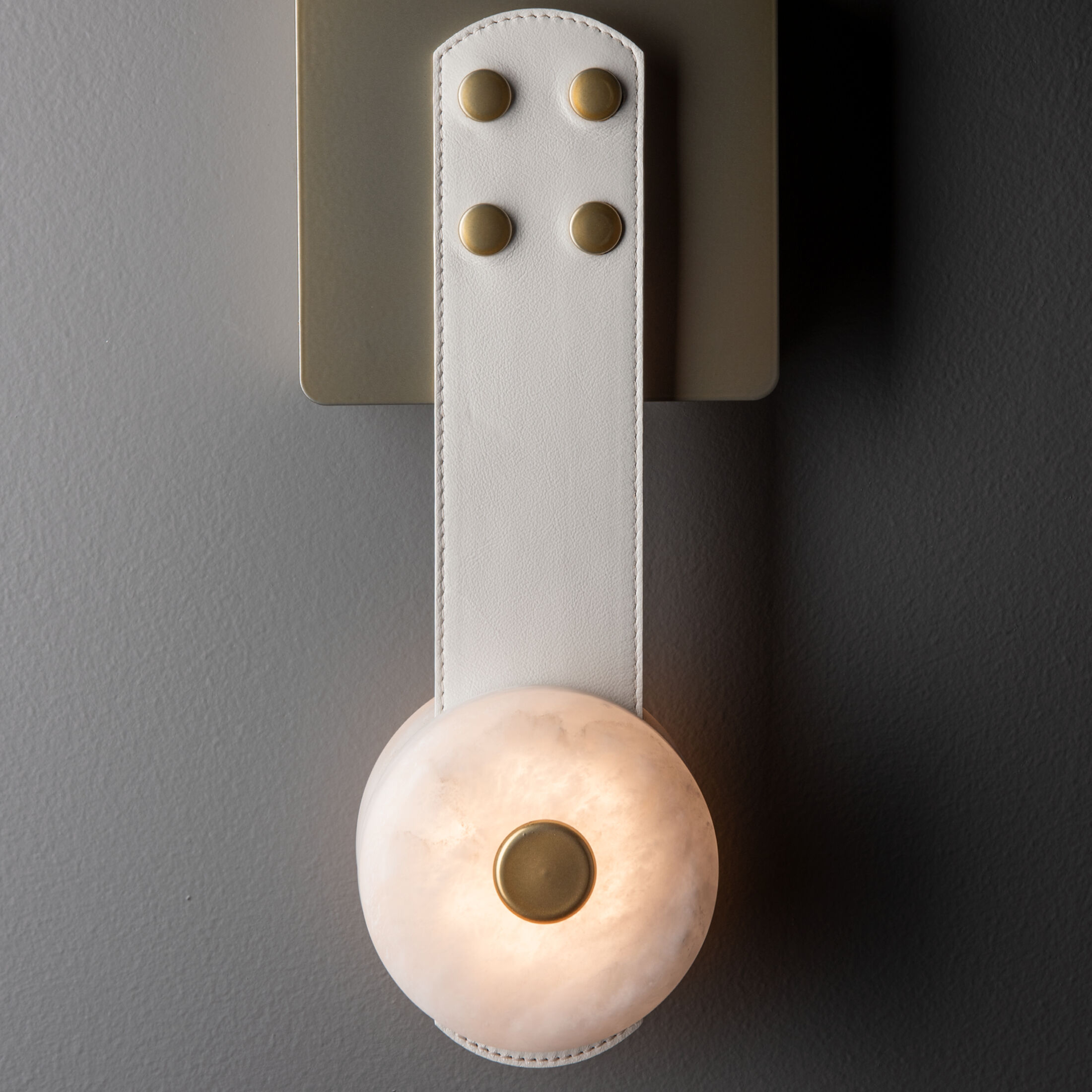 Art & Alchemy SNAPS LED 5.5 inch Modern Brass Sconce Wall Light in White Leather with Alabaster