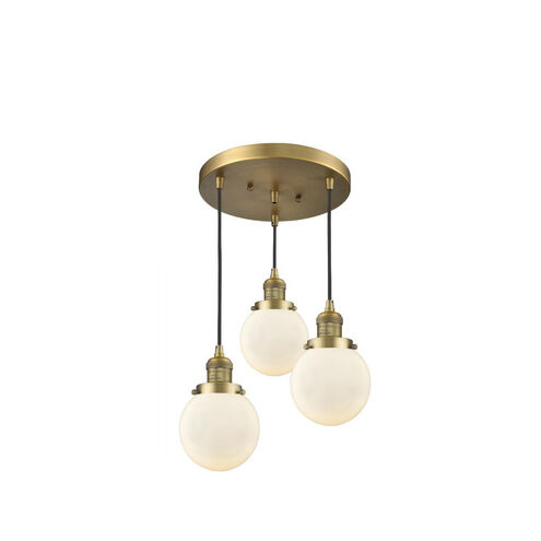 Franklin Restoration Beacon 3 Light 16 inch Brushed Brass Multi-Pendant Ceiling Light in Cased Matte White Glass, Franklin Restoration