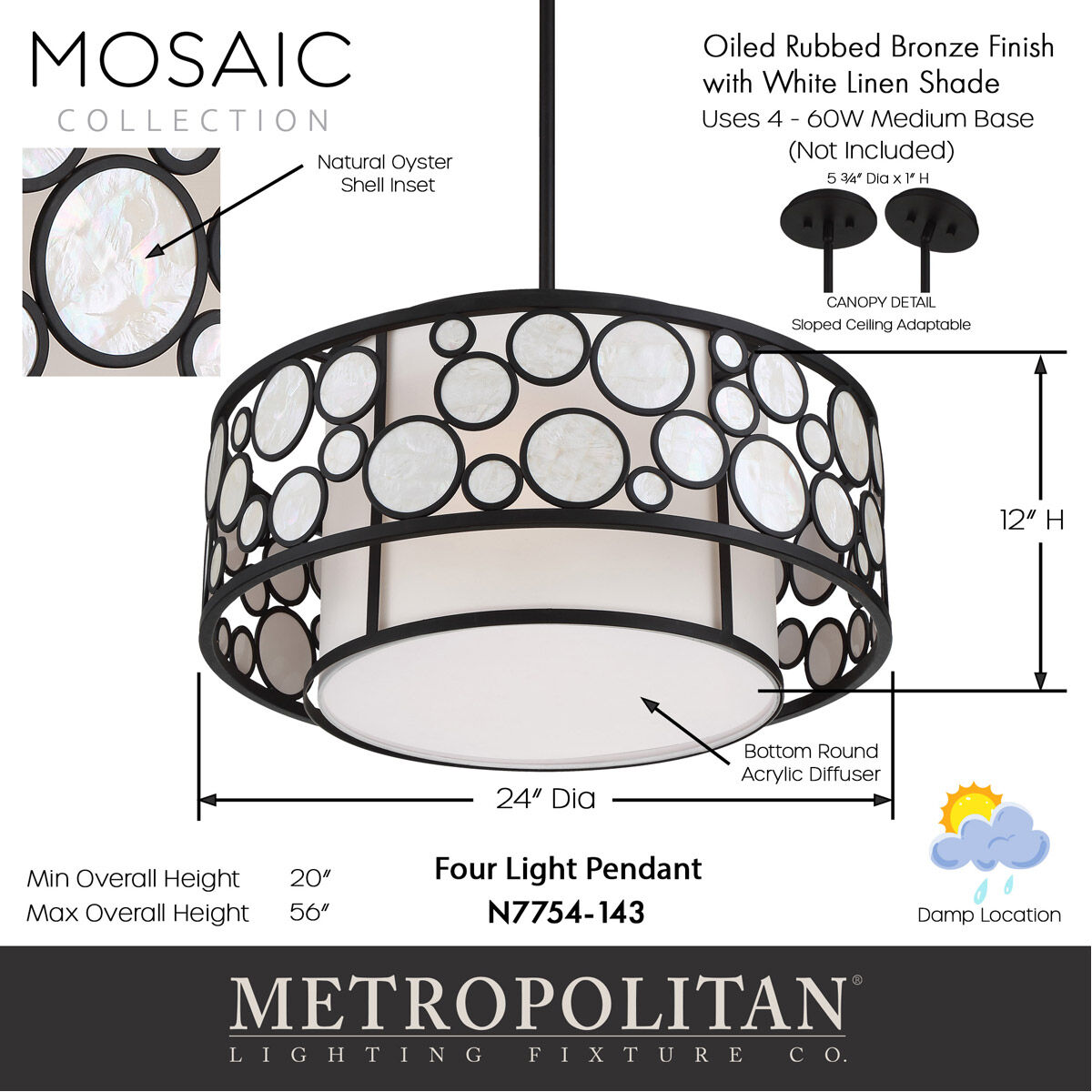 Mosaic 4 Light 24 inch Oil Rubbed Bronze Pendant Ceiling Light