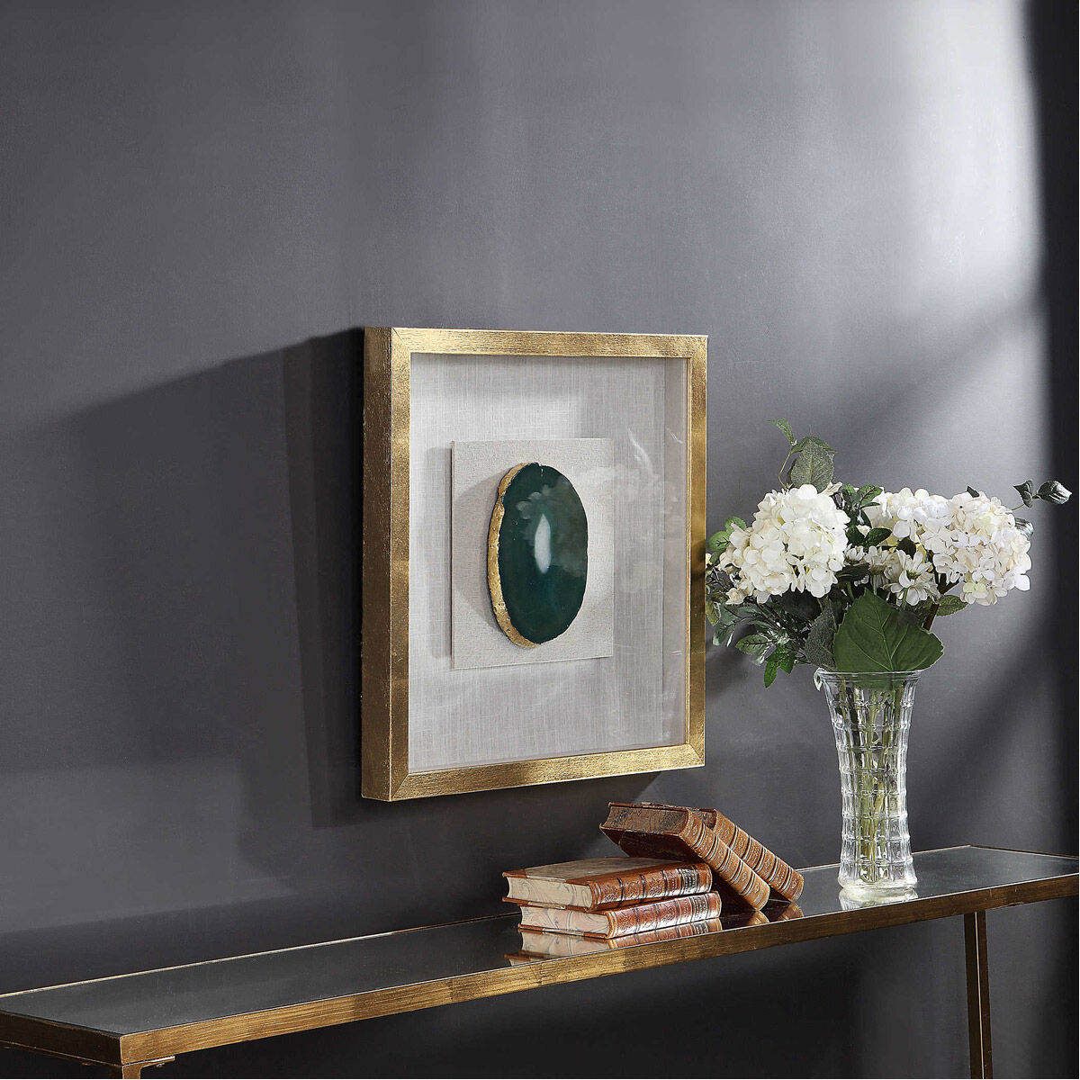 Keeva Emerald Green Agate Stone and Gold Leaf Shadow Box