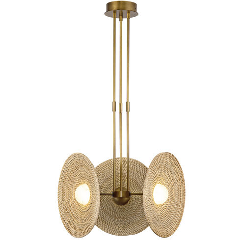 Harbour LED 18.25 inch Vintage Brass and Woven Pendant Ceiling Light in Natural Rattan