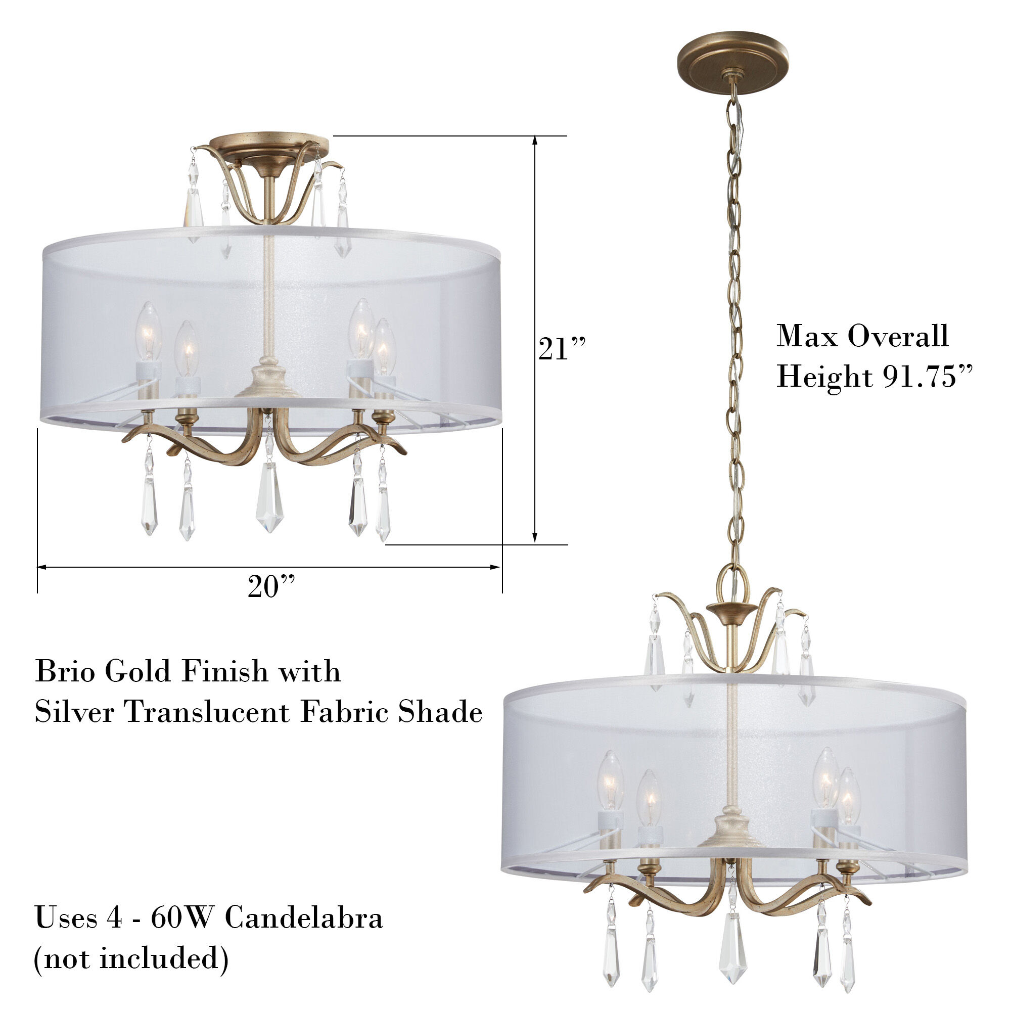 Laurel Estate 4 Light 20 inch Brio Gold Semi Flush Mount Ceiling Light, Convertible