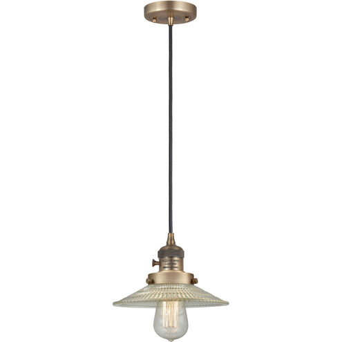 Franklin Restoration Halophane LED 8.5 inch Brushed Brass Mini Pendant Ceiling Light in Clear Halophane Glass