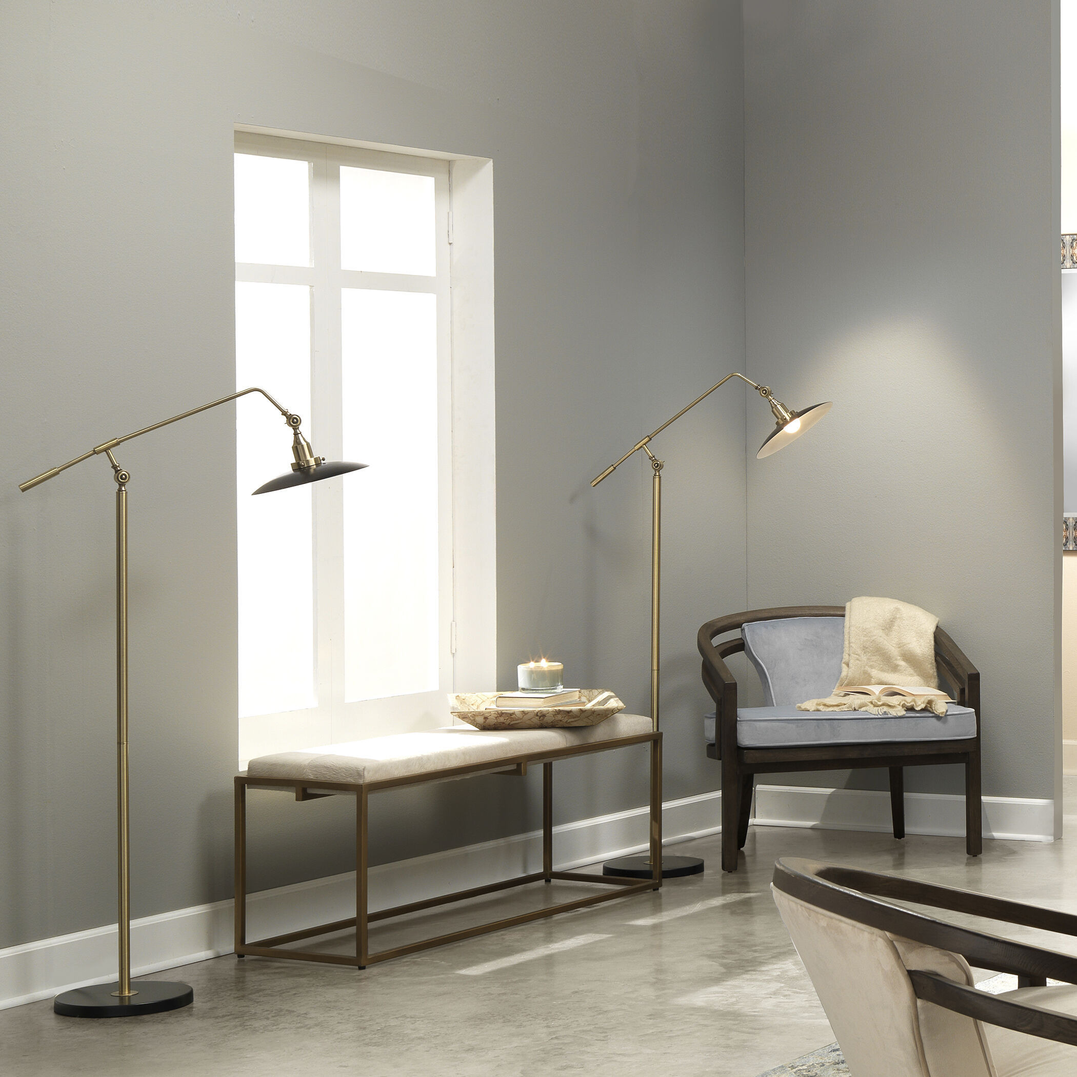 Shelby White Hide and Antique Brass Metal Bench