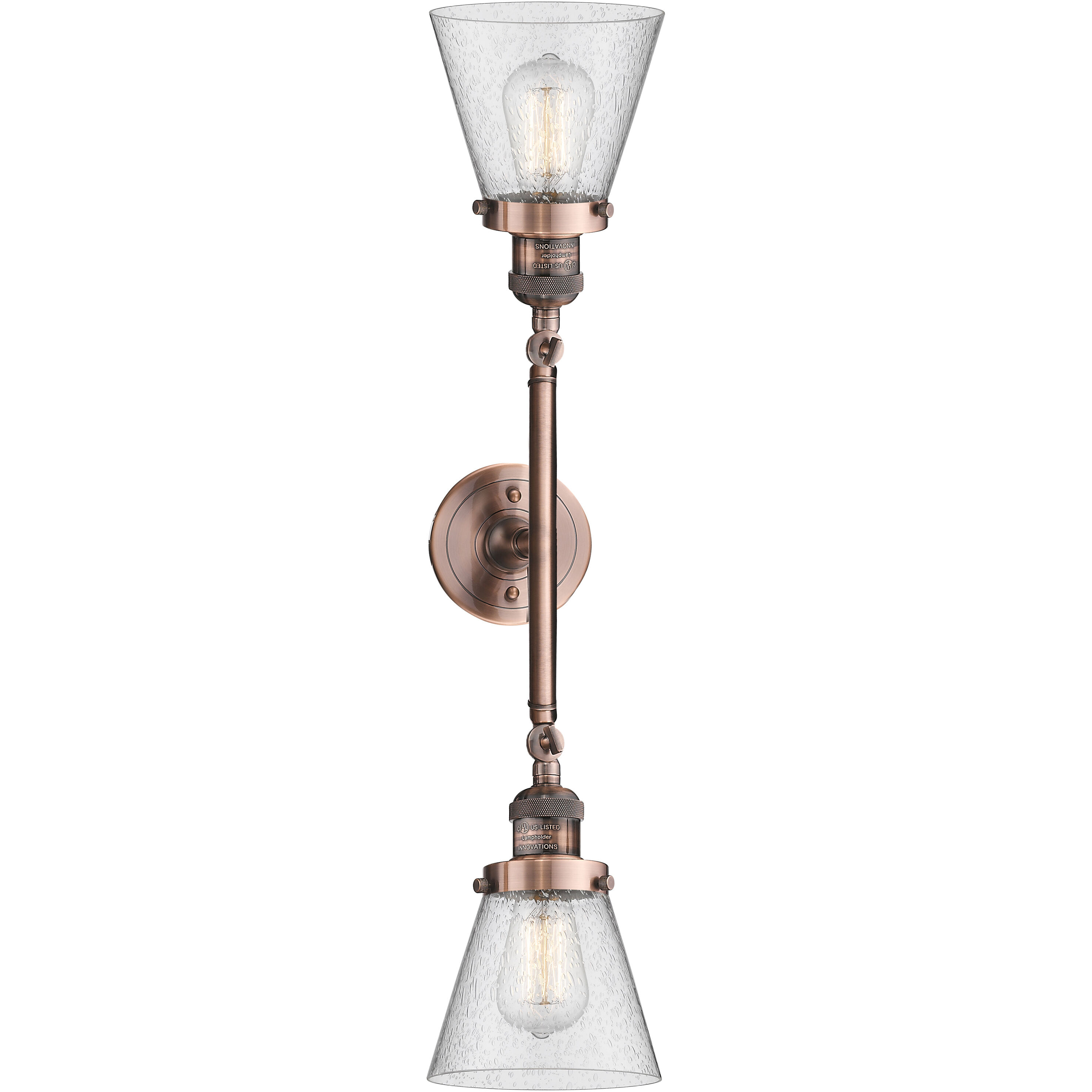 Franklin Restoration Small Cone 2 Light 16 inch Antique Copper Bath Vanity Light Wall Light in Seedy Glass, Franklin Restoration