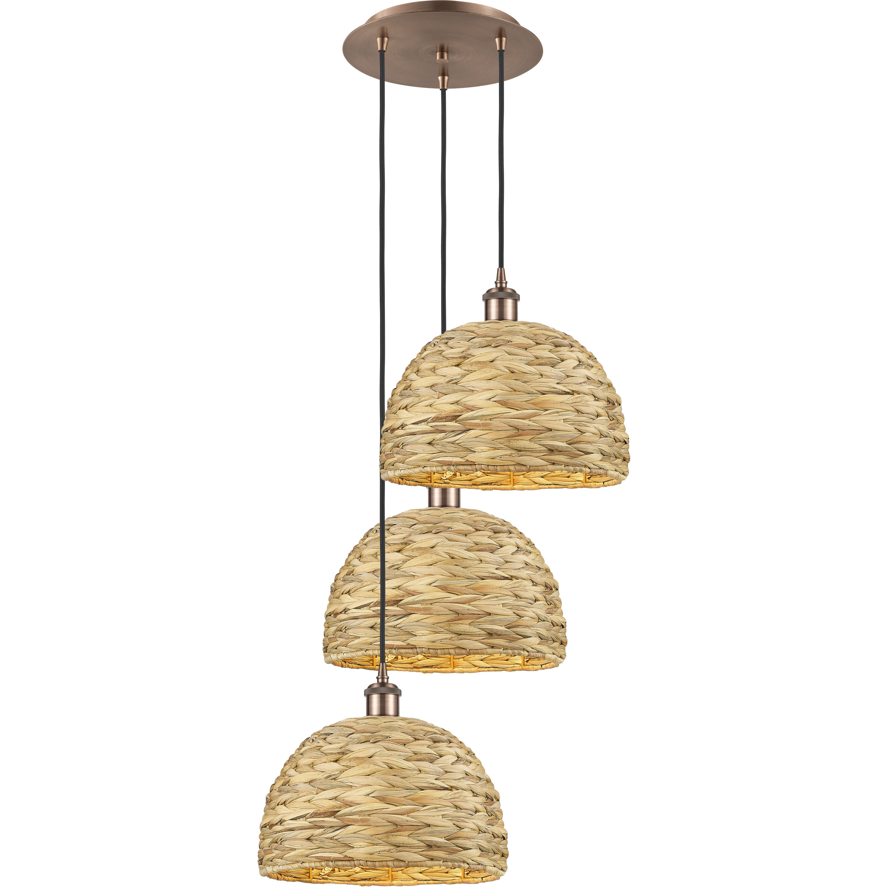 Woven Rattan 3 Light 18.5 inch Antique Copper Multi Pendant Ceiling Light