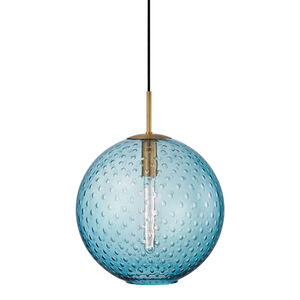 Rousseau 1 Light 14.25 inch Aged Brass Pendant Ceiling Light in Blue Glass