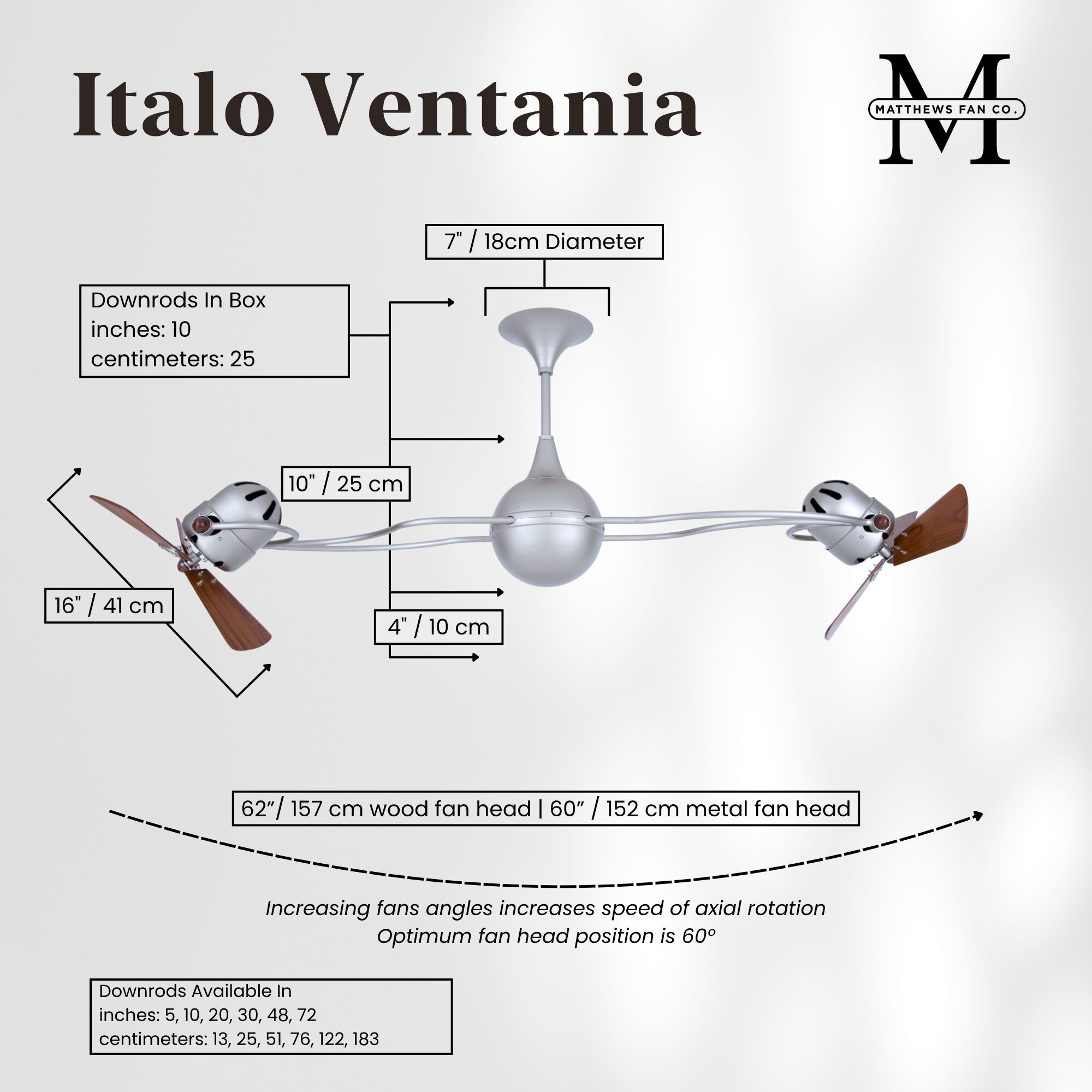 Matthews-Gerbar Italo Ventania 16 inch Brushed Nickel with Solid Mahogany Wood Blades Rotational Ceiling Fan, Matthews-Gerbar