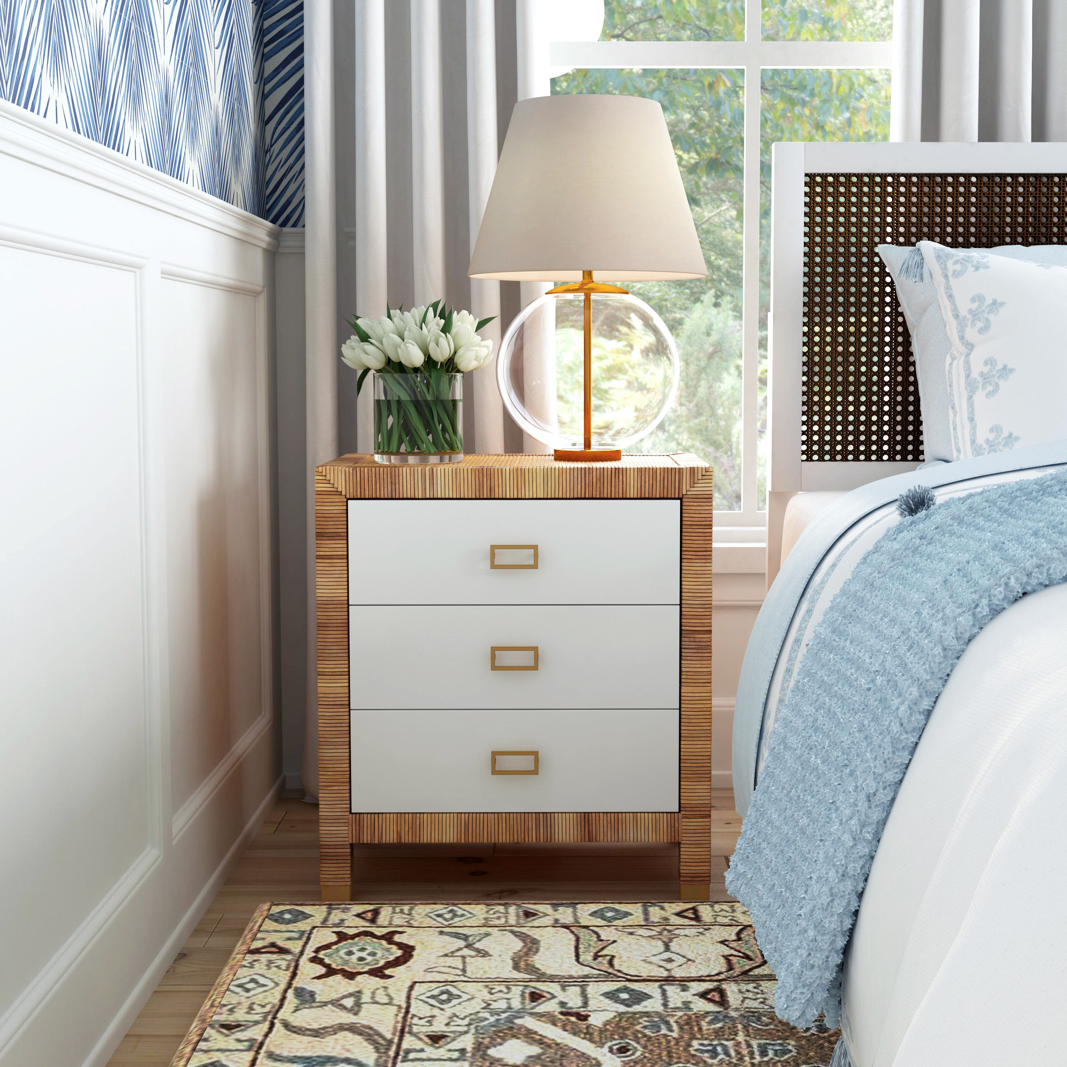 Corfu 3 Drawer Rattan Nightstand in Natural and White