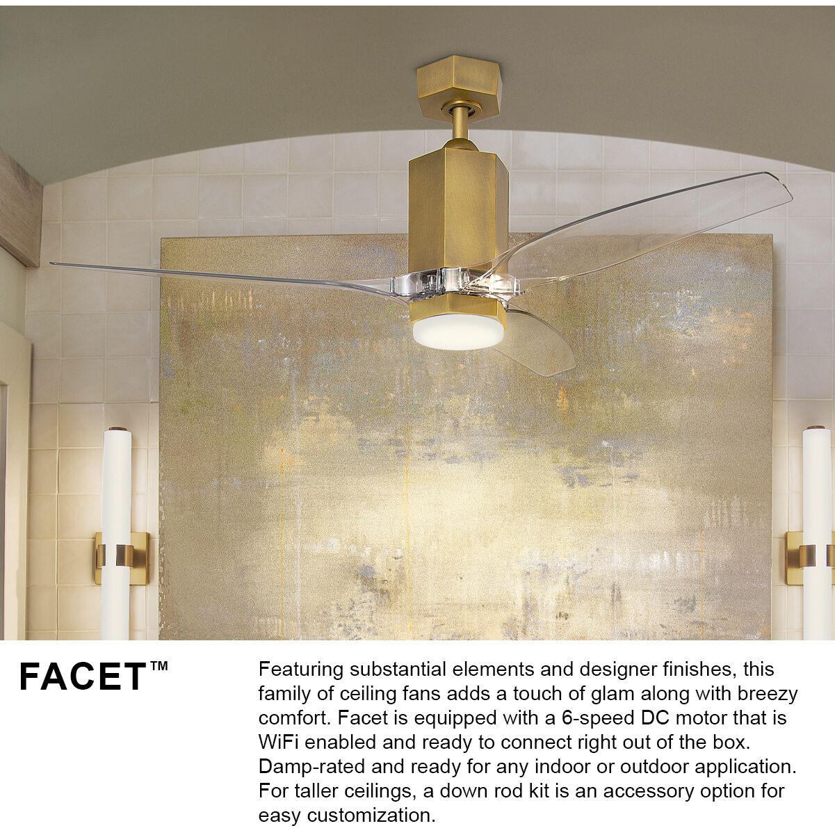 Facet 52 inch Matte White with Natural Blades Fan, Dual Mount