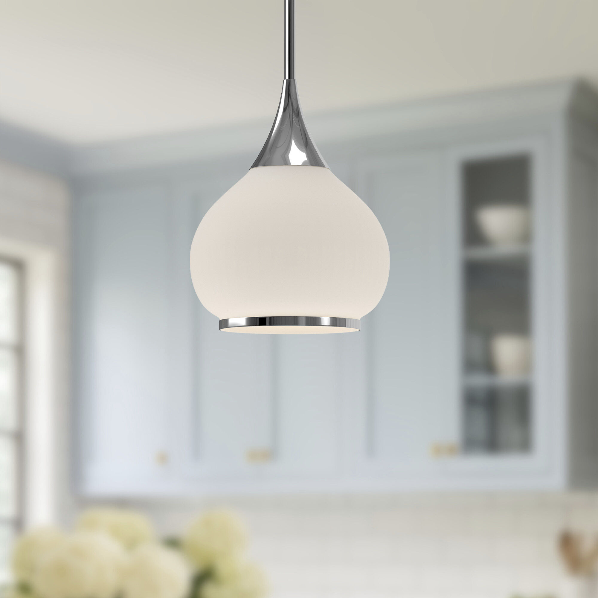 Alora Mood Hazel Pendant Ceiling Light in Chrome, Matte Opal Glass