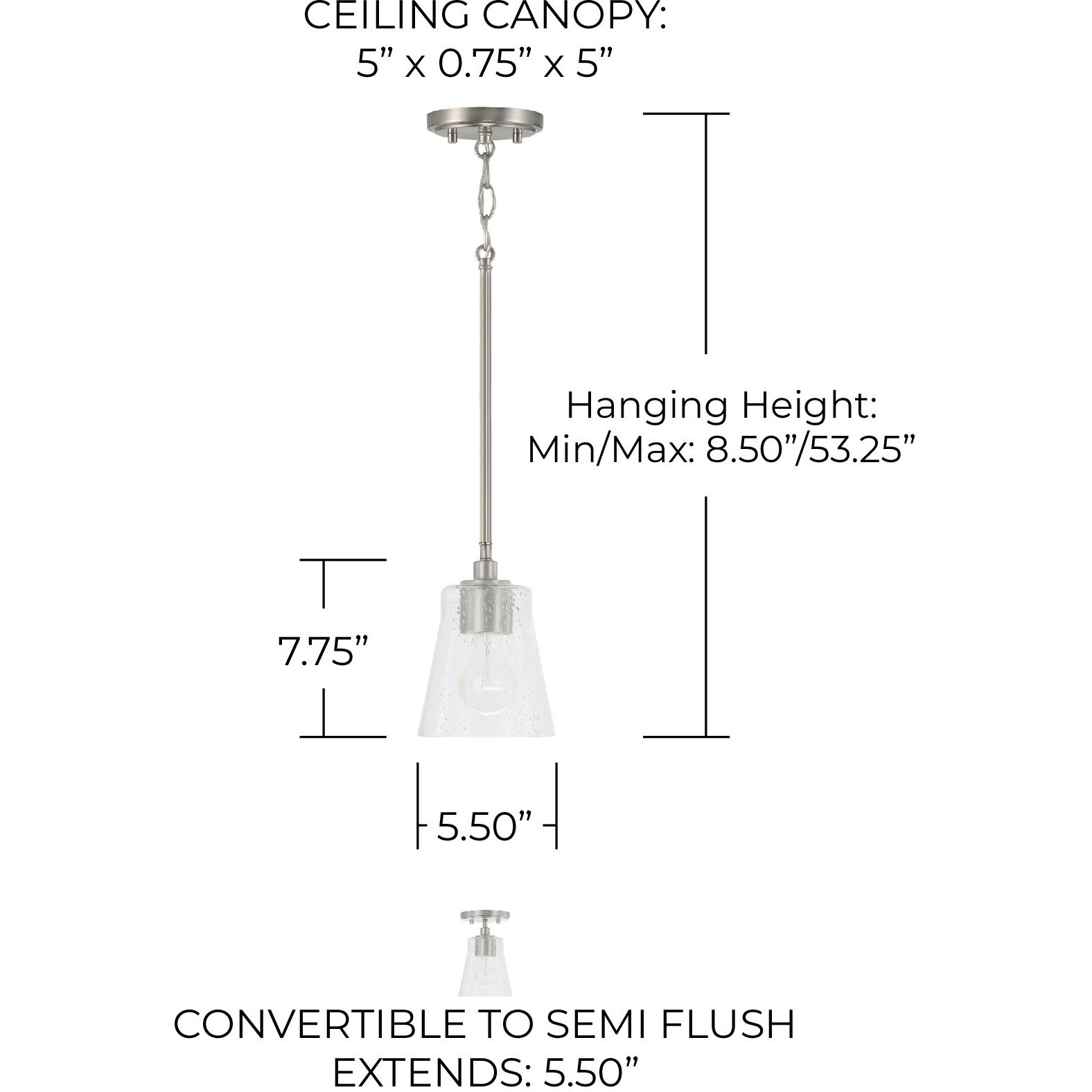 Baker 1 Light 5.5 inch Brushed Nickel Pendant Ceiling Light, Convertible Dual Mount