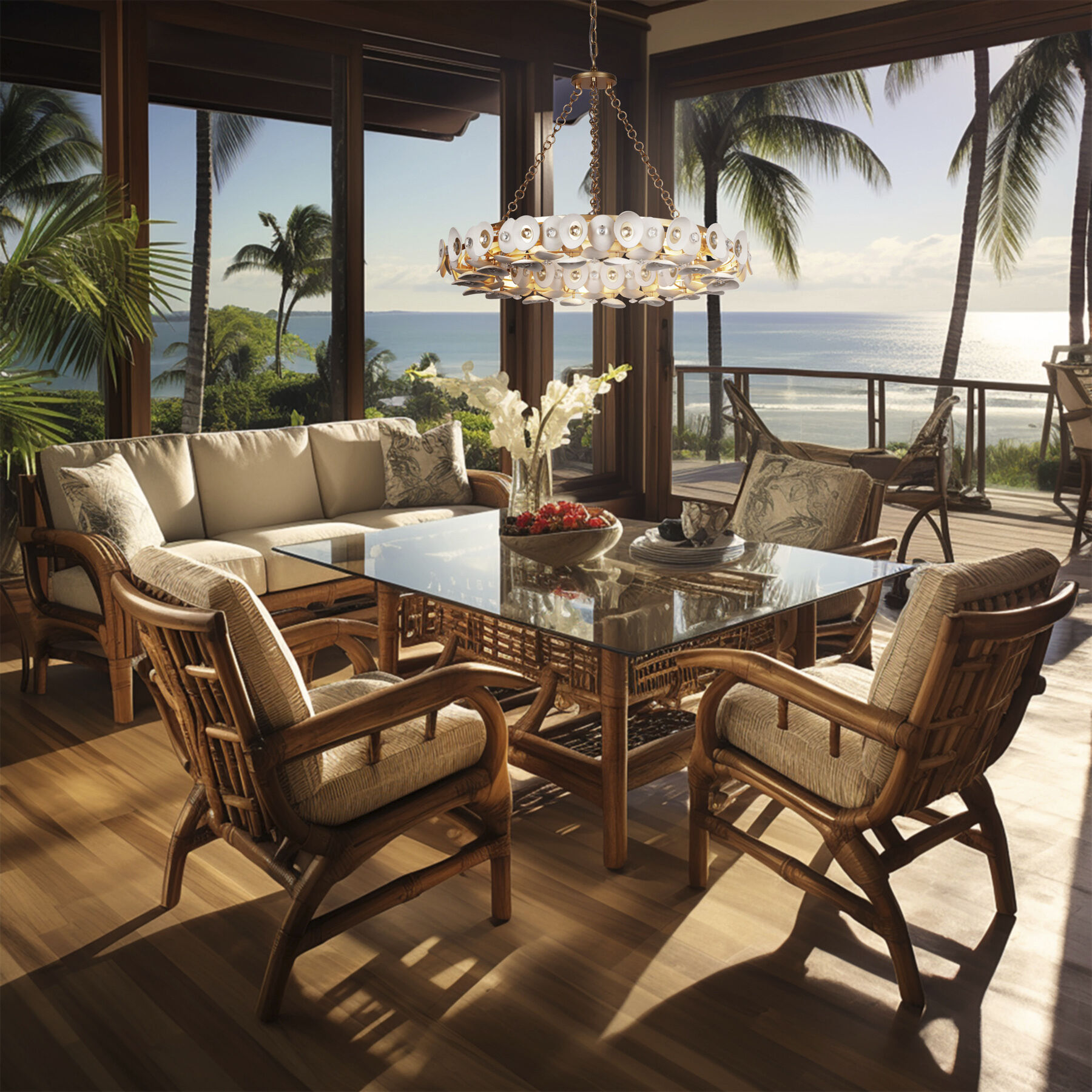 Niu 10 Light 34.5 inch Coconut Shell Gold / Coconut Shell White Pendant Ceiling Light