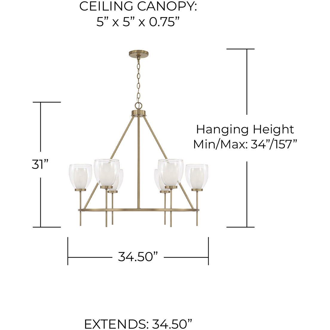 Joss 6 Light 34.5 inch Aged Brass Chandelier Ceiling Light